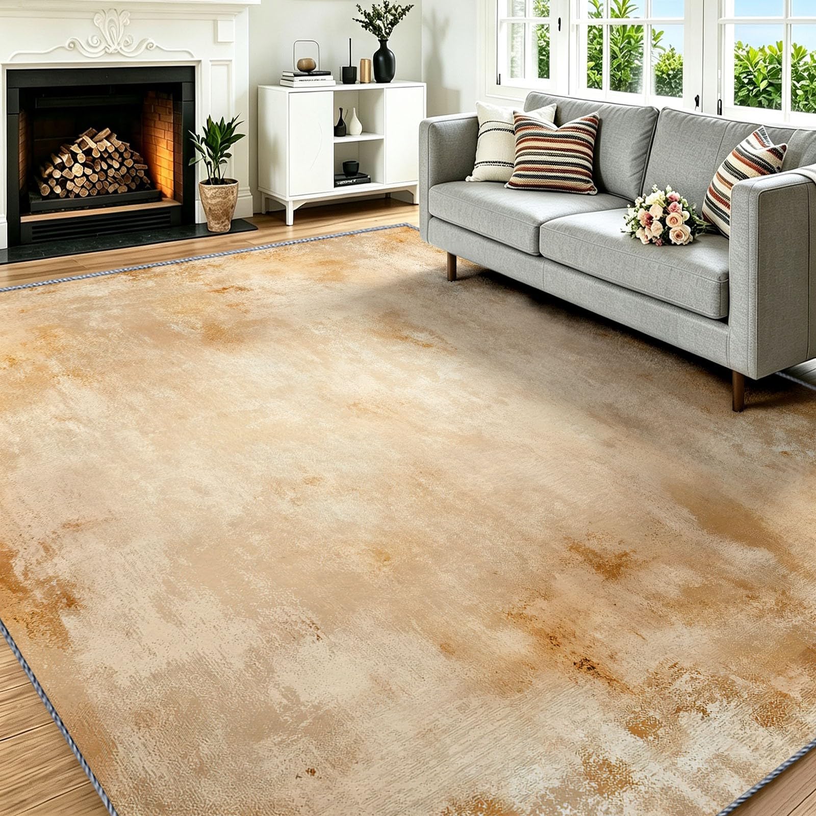 Beige Tapis Salon Lavable en Machine 80 x 150 cm Poil Ras Doux Vintage Américain Rustique Descente de Lit AntidéRapant Grain De Bois Effet Vieilli pour Chambre Interieur Salle a Manger Bureau Cuisine