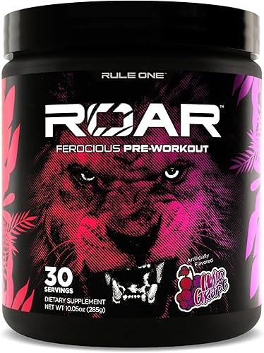 Rule 1 R1 Roar, Wild Grape - 10.05 oz - Polvo de pre-entrenamiento - con creatina, beta-alanina, citrulina, electrolitos y cafeína - 30 porciones