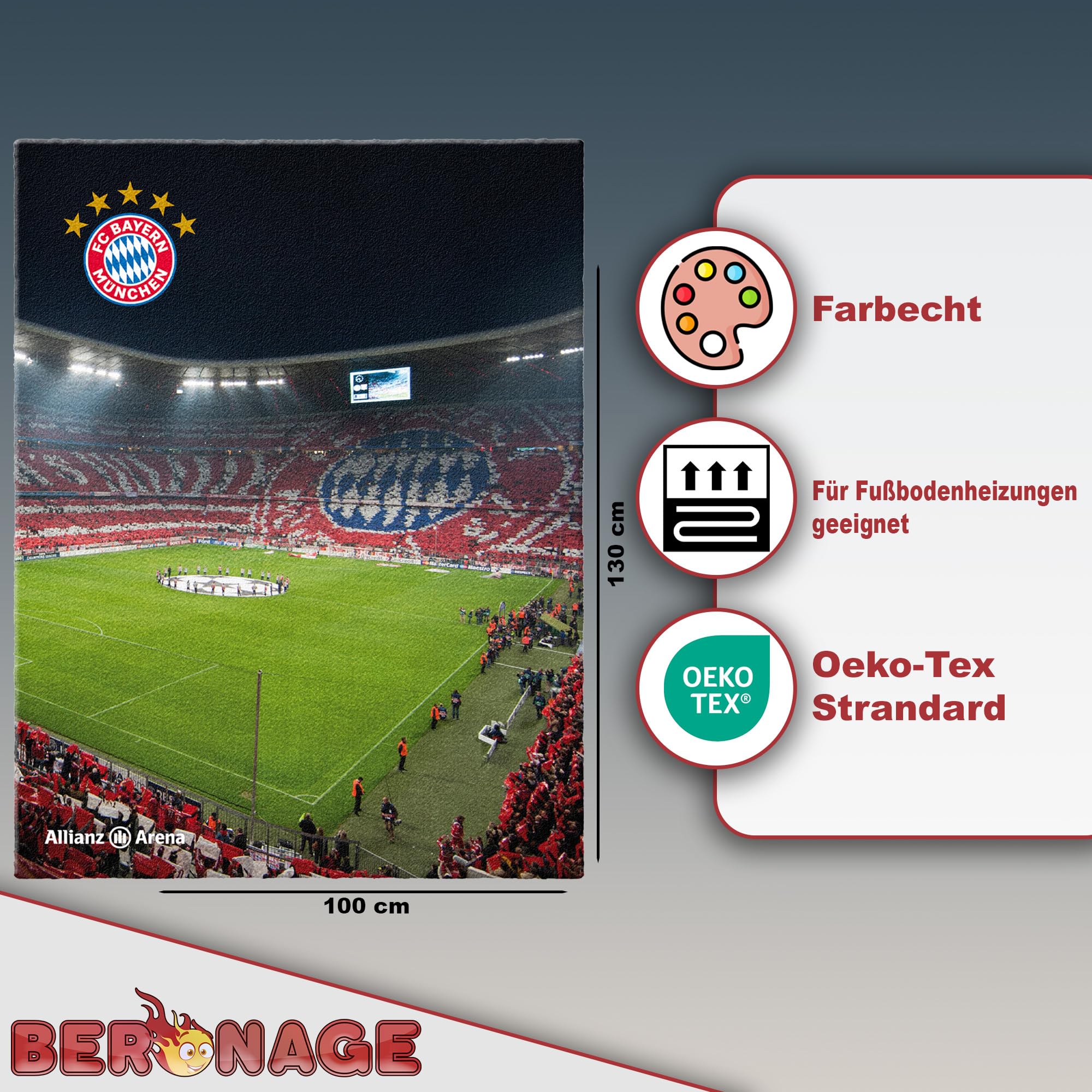 FC Bayern München Teppich Allianz Arena 100 x 130cm rutschhemmend lärmhemmend Kinder-Vorleger Läufer Fußball FCB Deutscher Rekord-Meister Mia san Mia Champions Leage Bundesliga