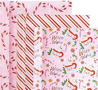 WRAPAHOLIC Christmas Wrapping Paper Roll - Mini Roll - 3 Rolls - 17 Inch X 120 Inch Per Roll - Red and Pink Santa Claus Cup, Candy Cane, Stripe Holiday Collection