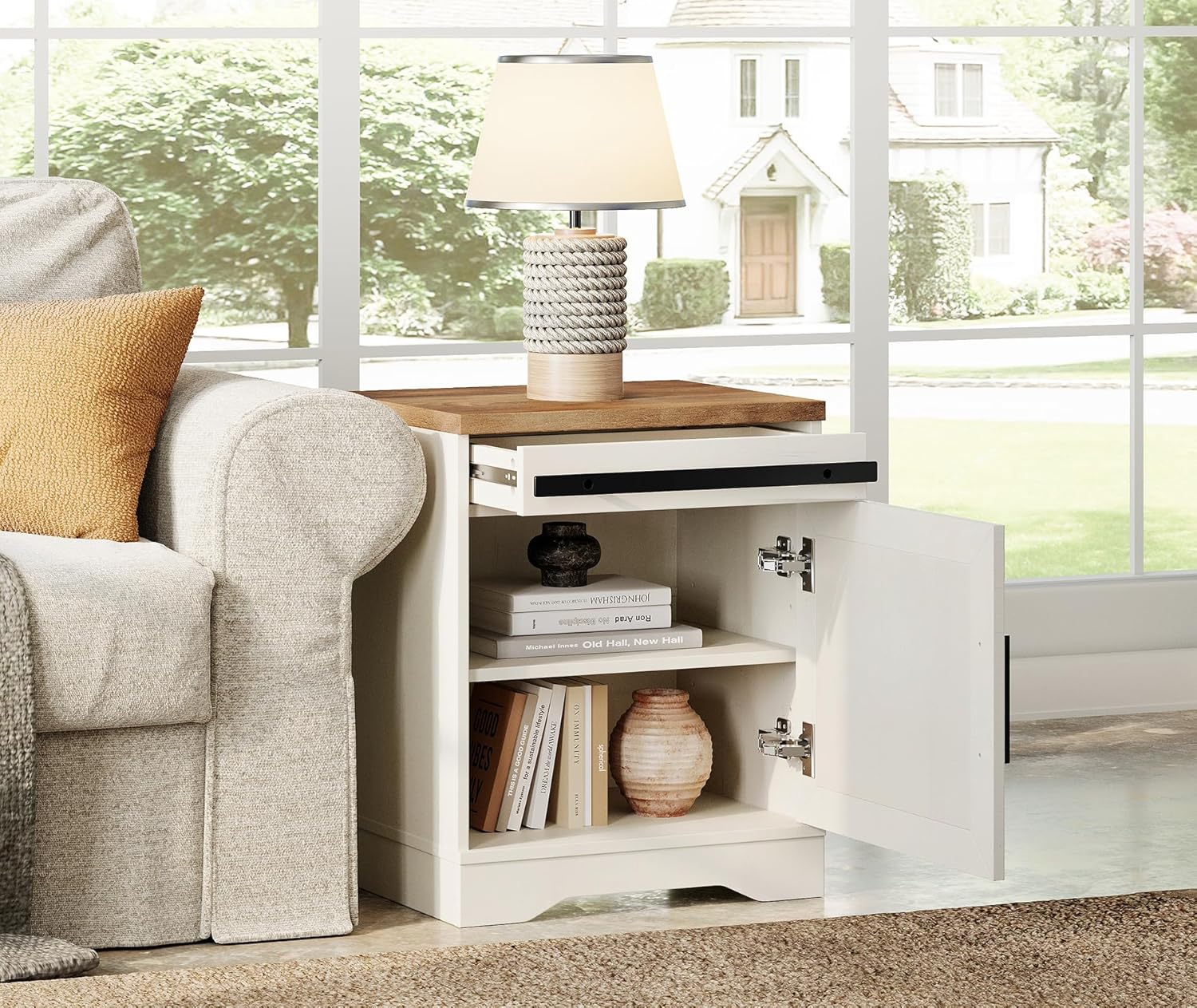 WAMPAT 24.3-inch Tall Farmhouse End Table Set of 2 with Drawer and Barn Door Cabinets for Living Room, Wood Rustic Nightstand for Bedroom,Wood Scoring-Style Purposeful Distressing,Antique White