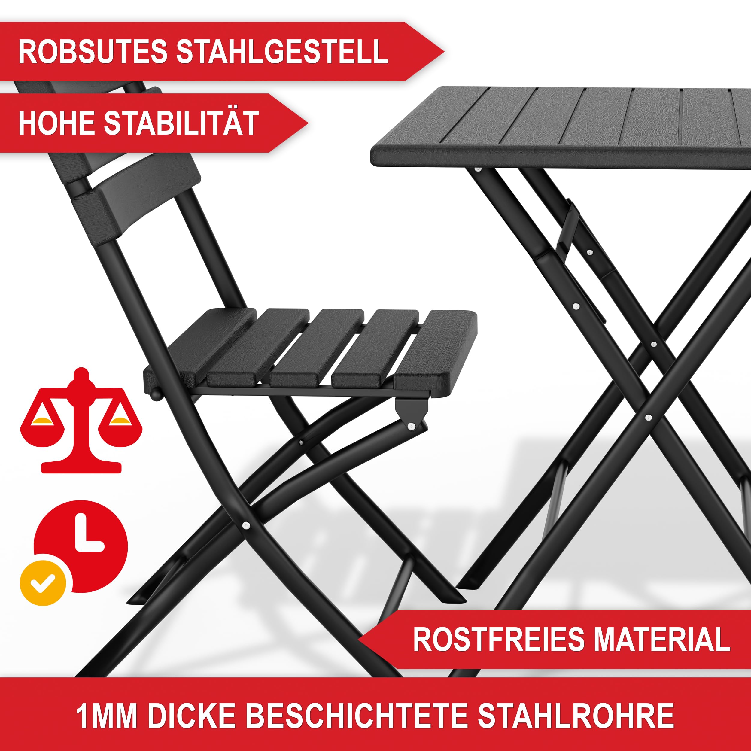 Onbest Balkontisch Set für 2 Personen – 3 teilig – Tisch mit 2 Stühlen – Klapptisch aus robustem Kunststoff in Holz Optik– klappbar – wetterfest – für Balkon, Garten & Terrasse