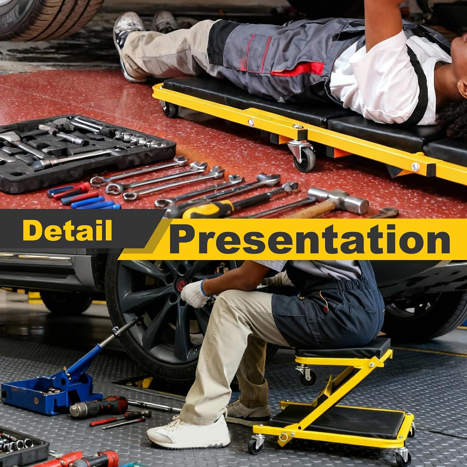 Low Profile Creeper with 6 Swivel Casters and Waterproof Seat Cushion, 40" Foldable Creeper for Garage Shop Warehouse, 2 in 1 Under Car Creeper Seat 330lbs Max Weight Capacity, Yellow