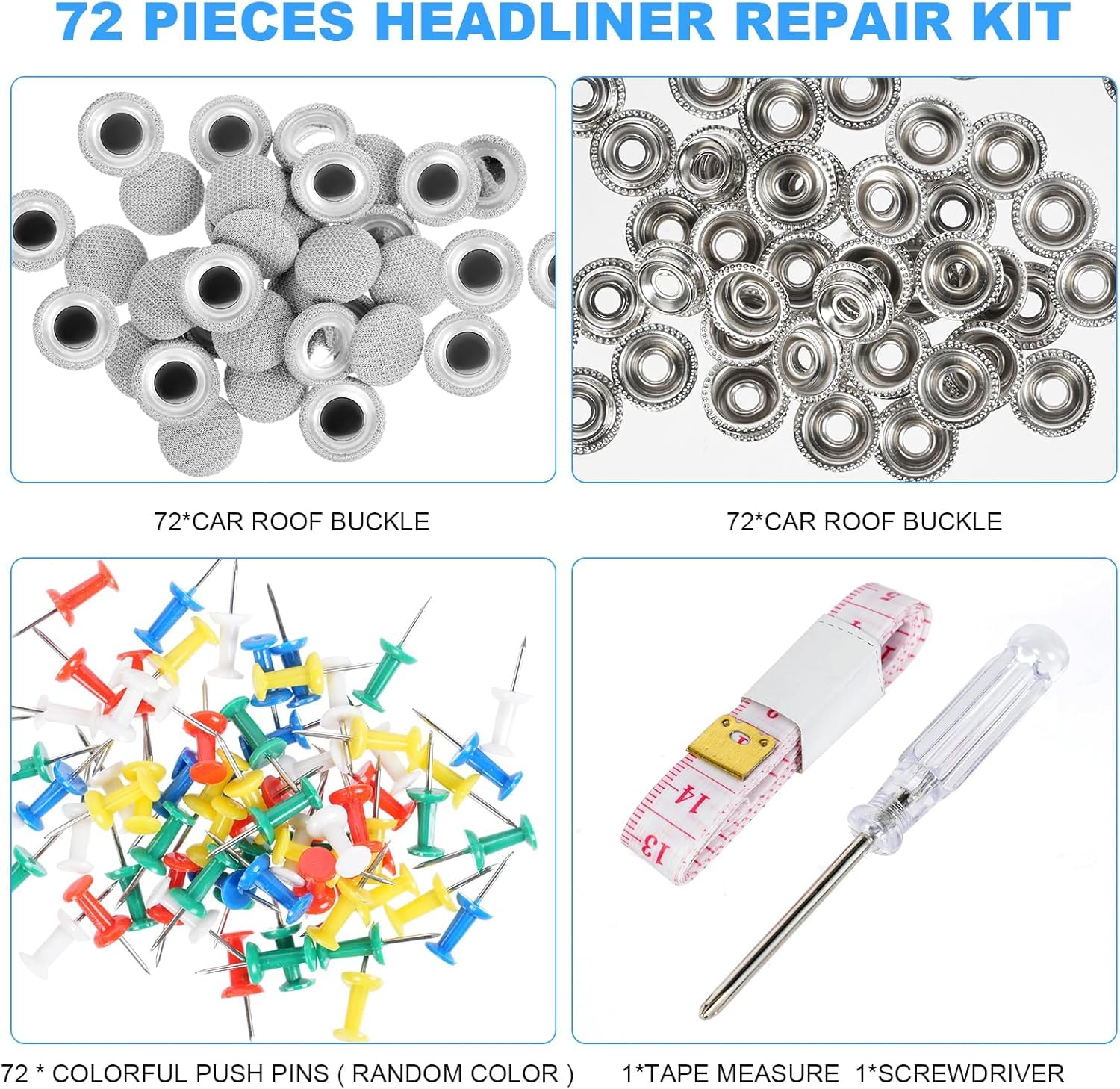 Adiwo Kit Riparazione Cielo Auto, 72 PCS Vite per Riparazione Tetto Auto, Set di Riparazione Cielo Auto con Spille, Cacciavite, Metro a Nastro per Tutte Auto Riparazione Cielo Auto (Grigio)