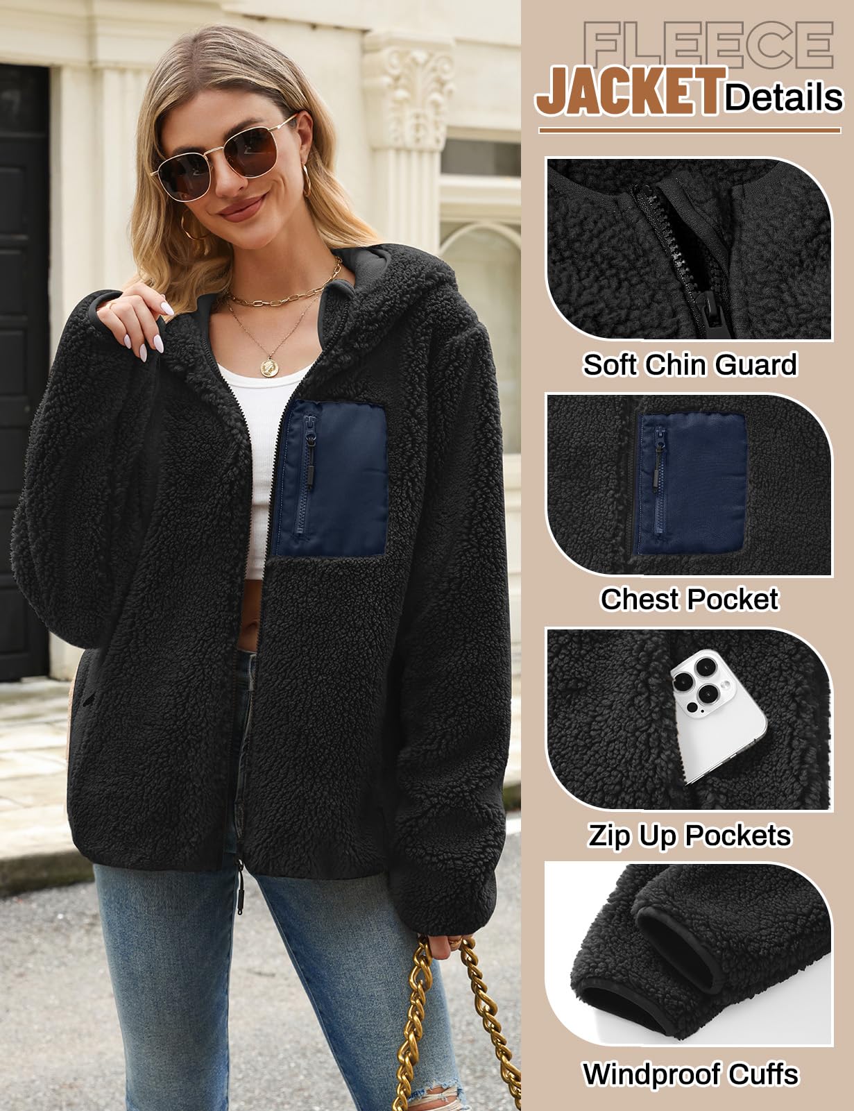 Fleecejacke Damen Winter Teddyjacke mit Kapuze Teddyfleece Kapuzenpullover Warme Herbstjacke Winterjacke Sherpa Damen-Jacken Zipper Hoodie Mantel Outdoor Plüschjacke mit Taschen
