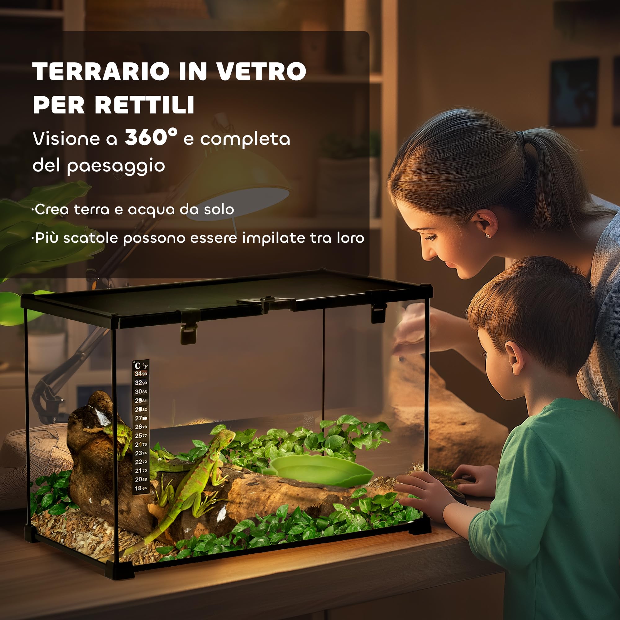 PawHut Terrario per Rettili Rialzato con Serratura e Porta per Alimentazione, Terrario per Tartarughe e Serpenti in Vetro Temperato e Rete Metallica, 50x30x35 cm, Nero