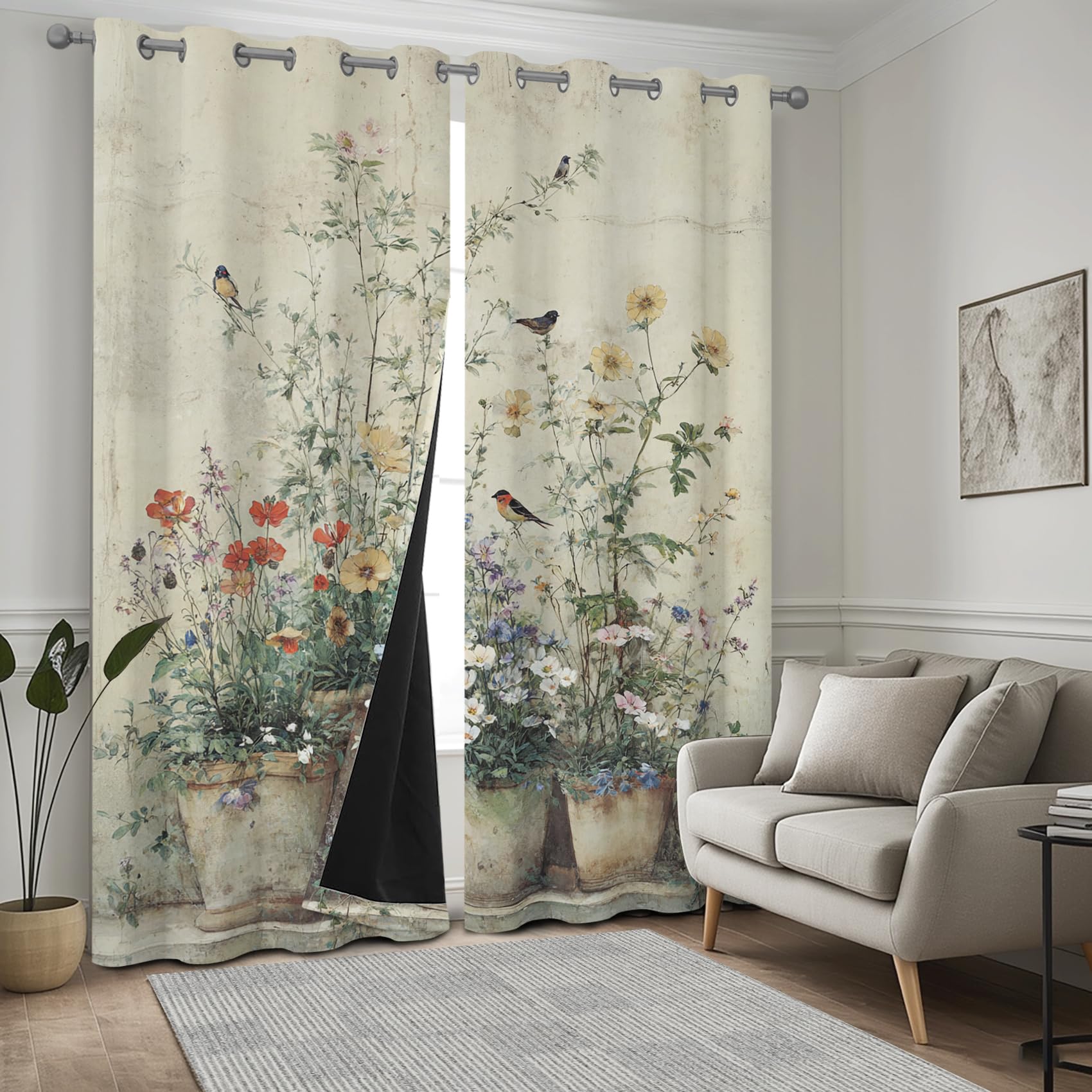 Générique Rideau Occultant Fleurs, Rideaux Thermiques à Oeillets pour Chambre, Motif Oiseaux Floral Botanique Rideaux Salon, Lot de 2 Décoration de Fenêtre, 140x200cm 5Bx5
