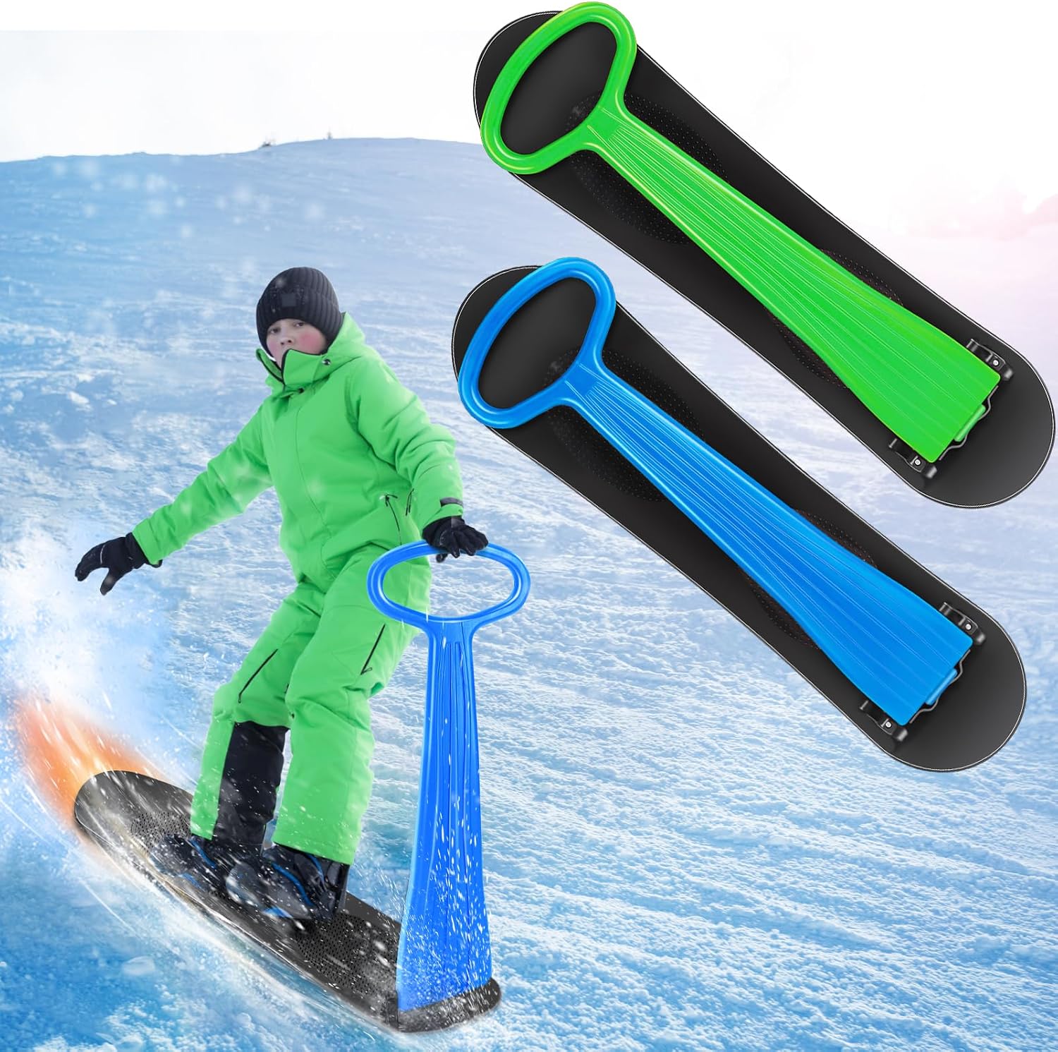 Fold-Up Ski Scooter,Toddler Snowboard with Handlebar, Winter Toys Snow Sled Board for Outdoor Sports, Plastic Sleds for Use on Snow & Grass,Snowboard for Kids Toddlers Teenagers