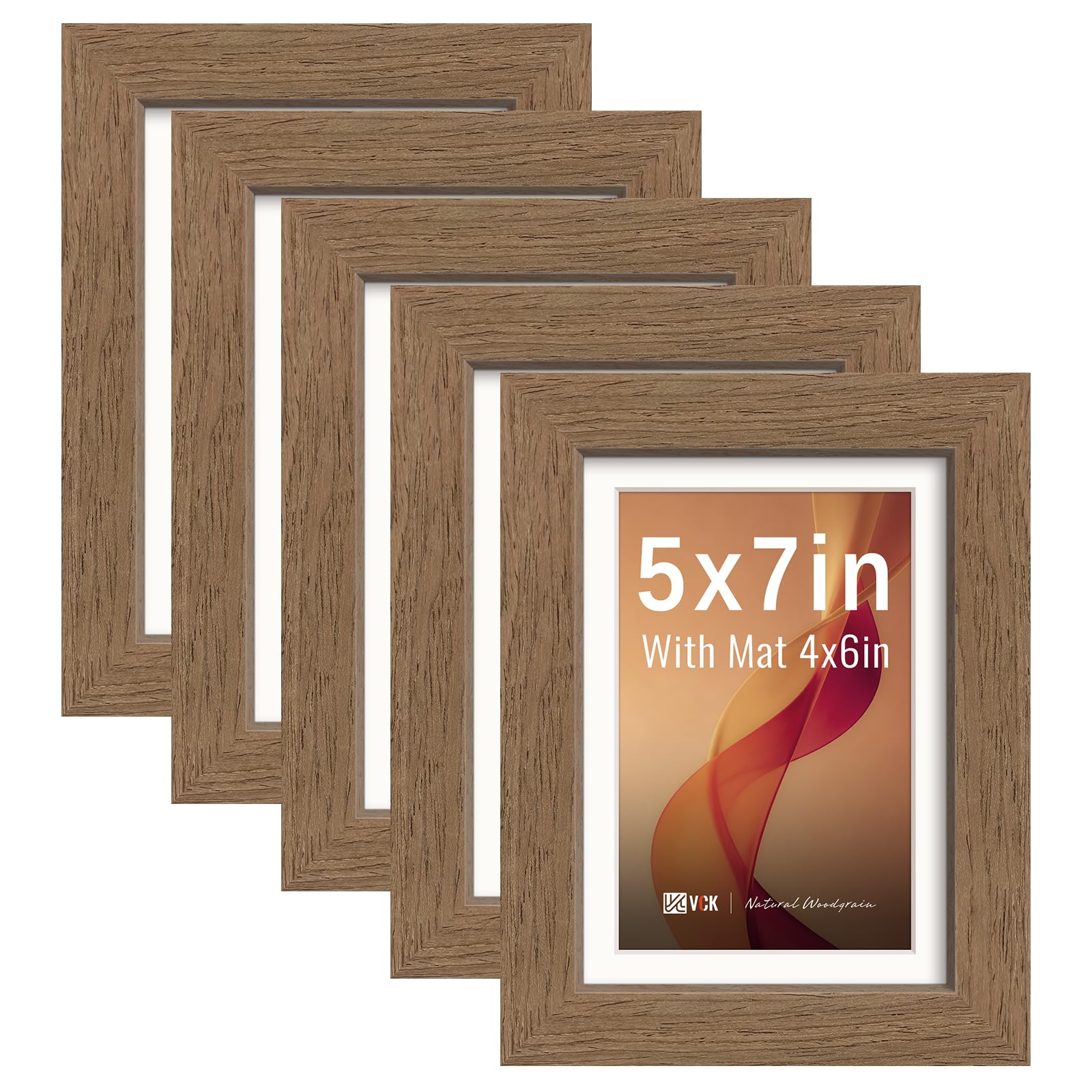 VCK 5x7 Picture Frame 5 Pack, Walnut Exclusive Wood, HD Glass, for Photo