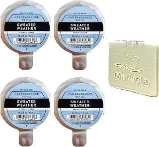 Bath & Body Works Sweater Weather - 4 Pack Of Car Fragrance Refill Bundle with a Natural Oats Sample Soap.