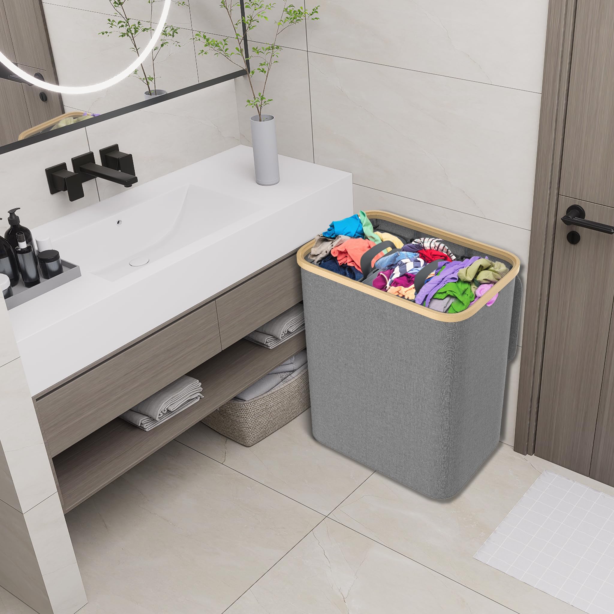NAIZY Cesto portabiancheria con coperchio 140L, con 3 scomparti. Cesto per la biancheria lavabile e con maniglia estraibile, cesto portabiancheria rimovibile, separatore per biancheria, grigio