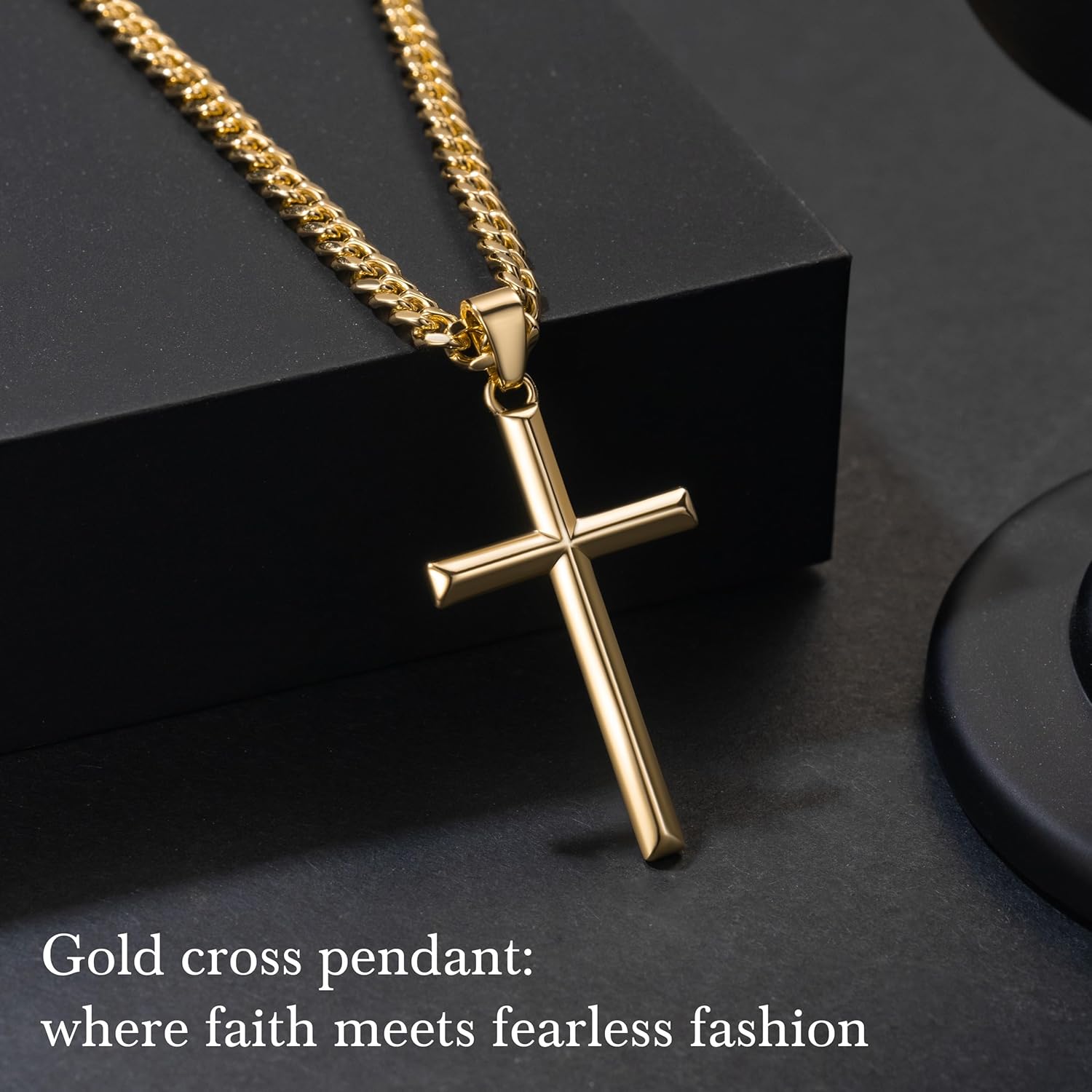 NICRET Gold Cross Necklace for Men 14K Cross Pendant for Men Simple Angular Edges with 4mm Cuban Chain Mens Crosses Chain - Image 4