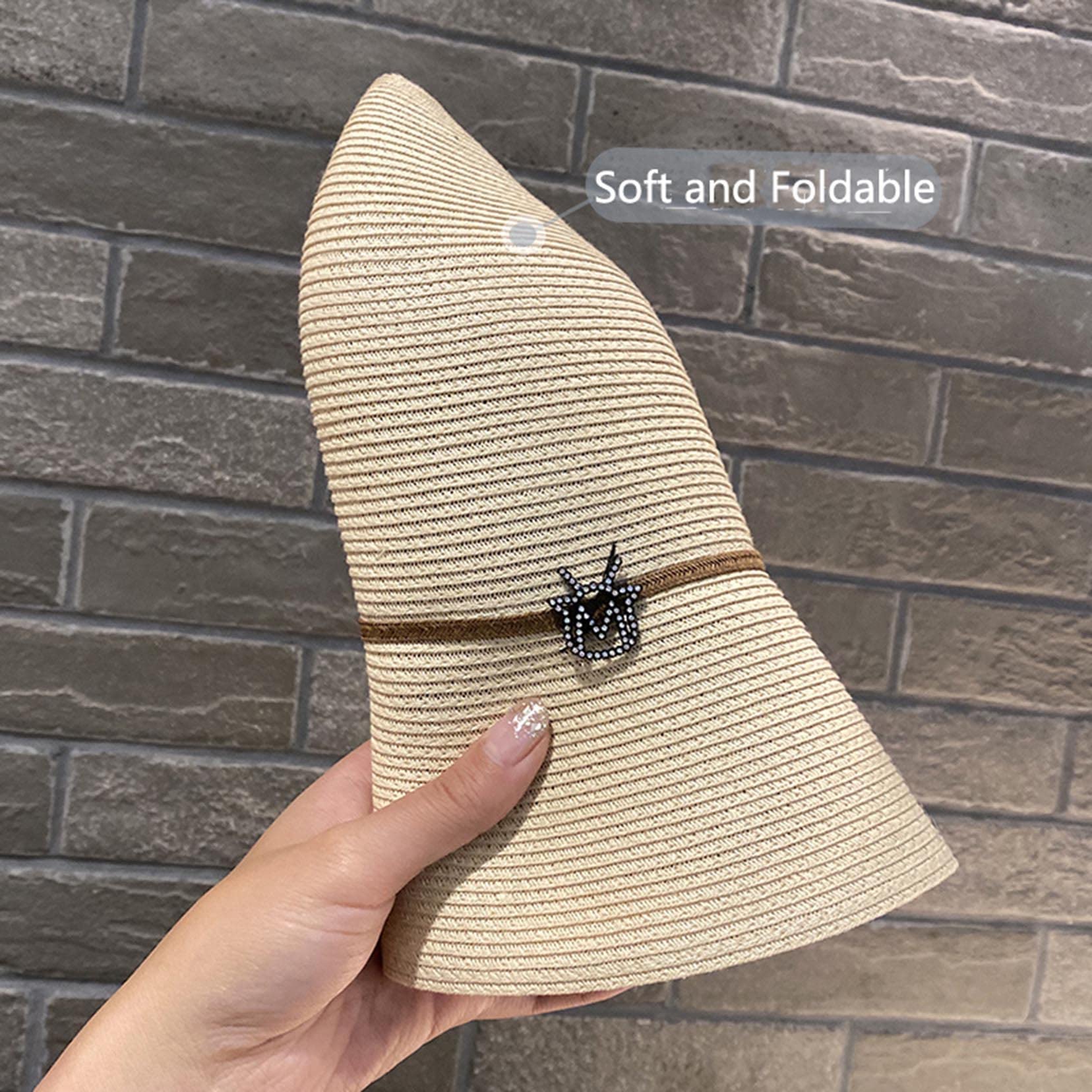 Frauen mit breiter Krempe Strohhalm Hut, Roll-up-Strandhut für Frauen, beige Sonnenhut Sommer UV-Schutz black-56-58cm