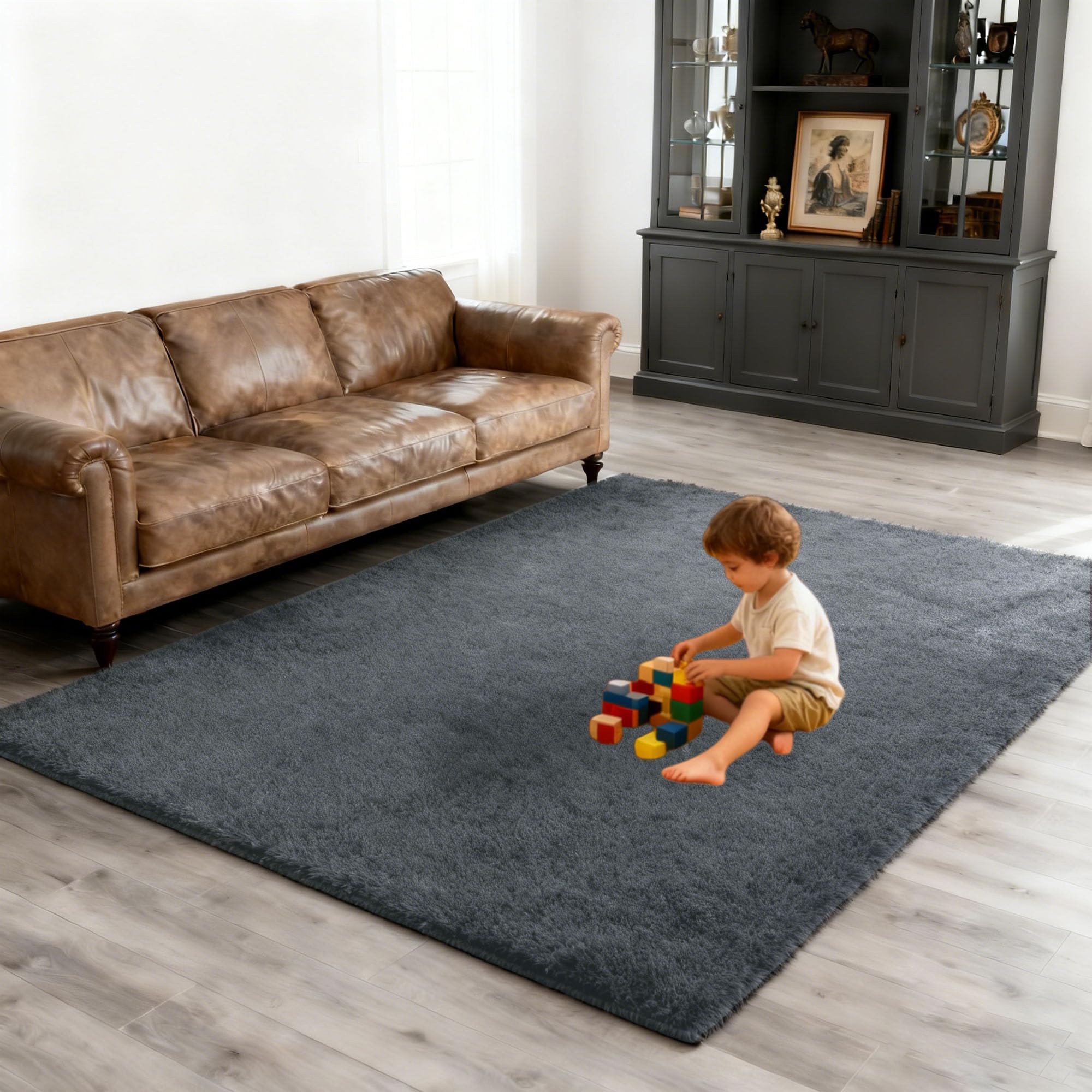 Nowoczesny ciemnoszary dywan 220 x 270 cm - miękki, antypoślizgowy dywan do salonu i sypialni, idealny wystrój pokoju dziecięcego, łatwe do czyszczenia rozwiązanie podłogowe do domu