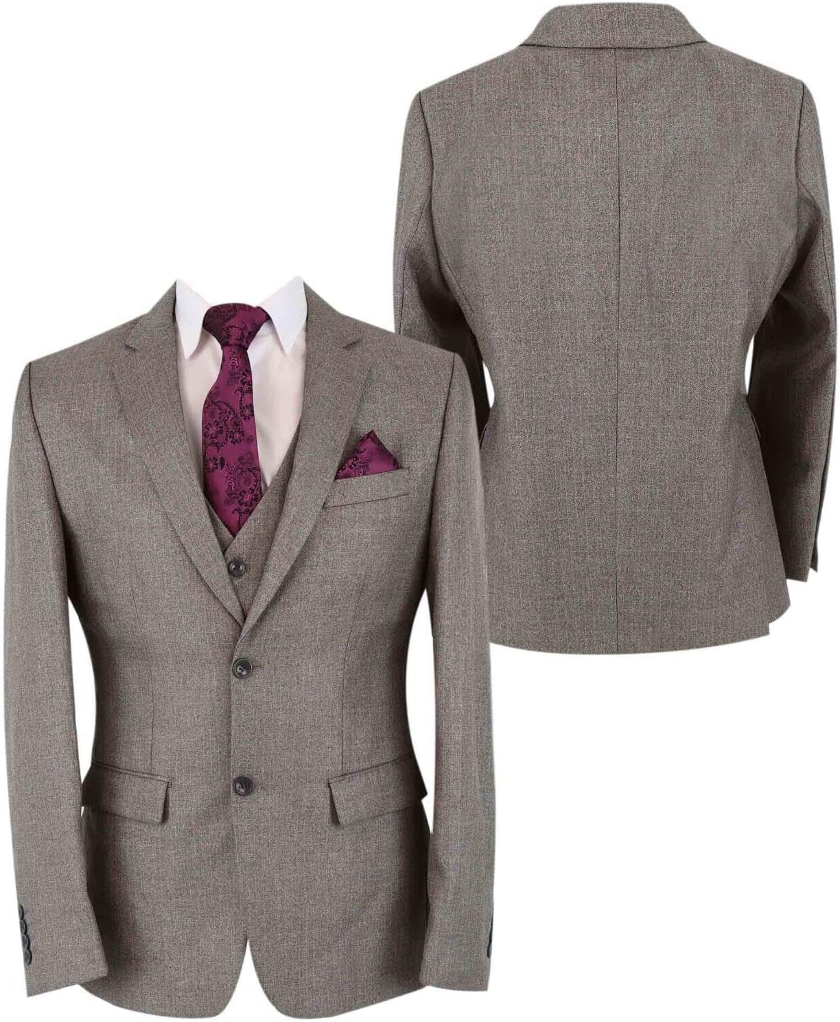 Mens Boys Texture Tweed- Like Matching Dark Beige Suits Tailored Fit Father and Son 3 Piece Set