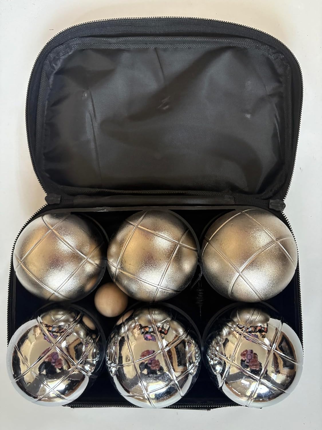 BuyBocceBalls NEW Listing -73mm Metal Petanque/Boules 6 Ball Set with 3 Silver and 3 Sandblasted Nickel Balls