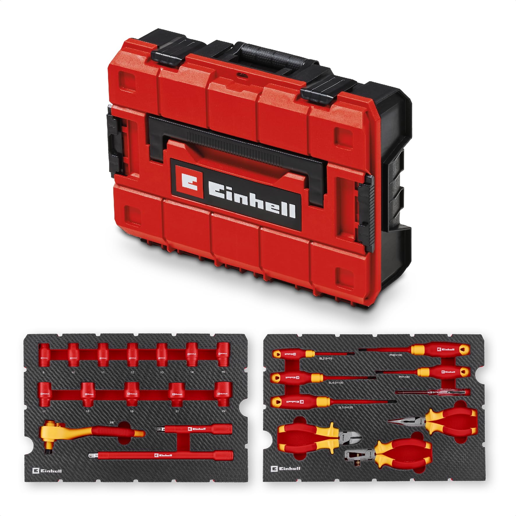 Original Einhell E-Case coffret à outils 24 pièces outils électricien (testé IEC 60900, set de pinces, set de tournevis, jeu de douilles, cliquet réversible, testeur de phase, coffret système)
