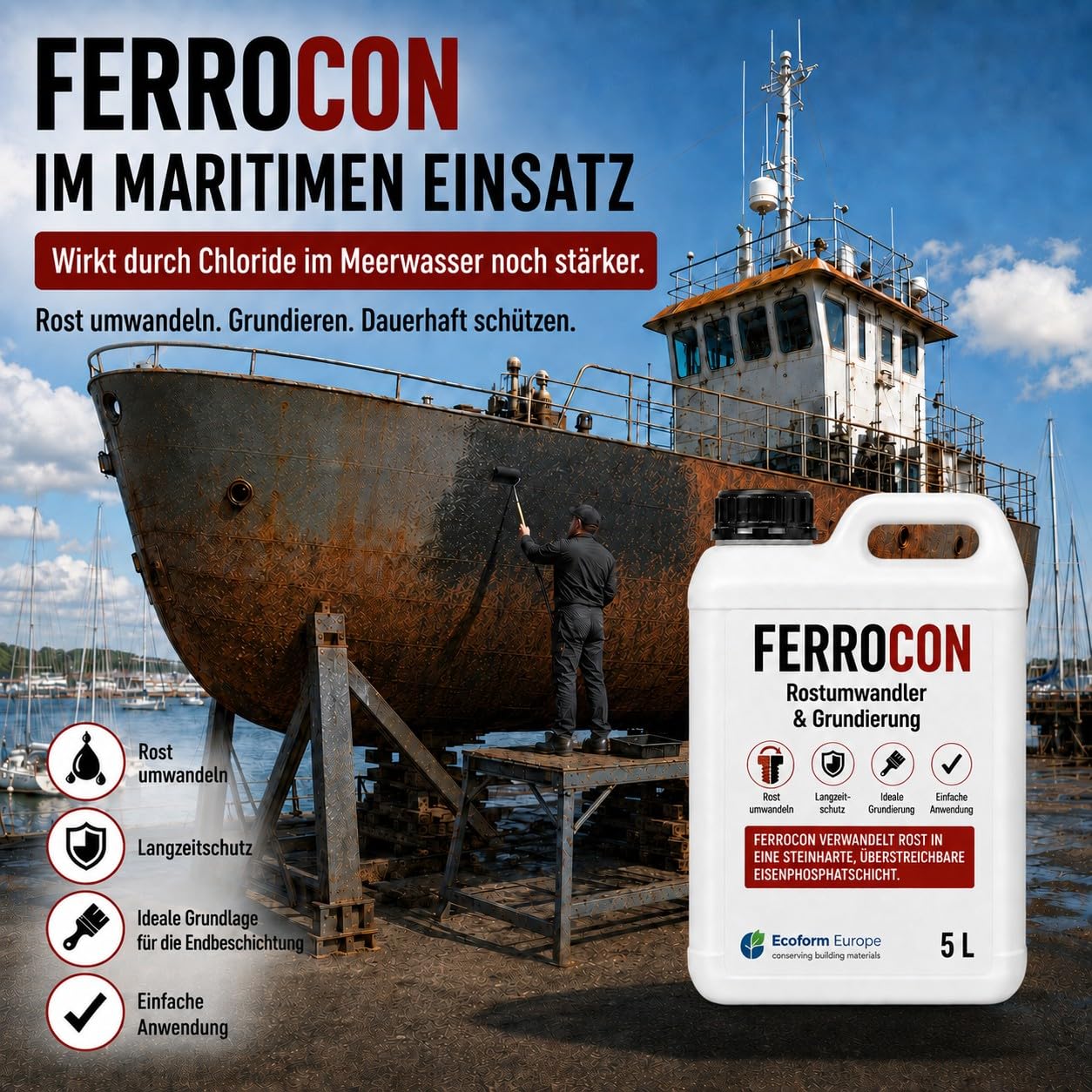 Ecoform Ferrocon 2,5 Liter (ca. 20 m²) Rostumwandler & Rostentferner – Für Eisen, Stahl und Kupfer – Reinigt Rost, Flugrost und Kupferkorrosion