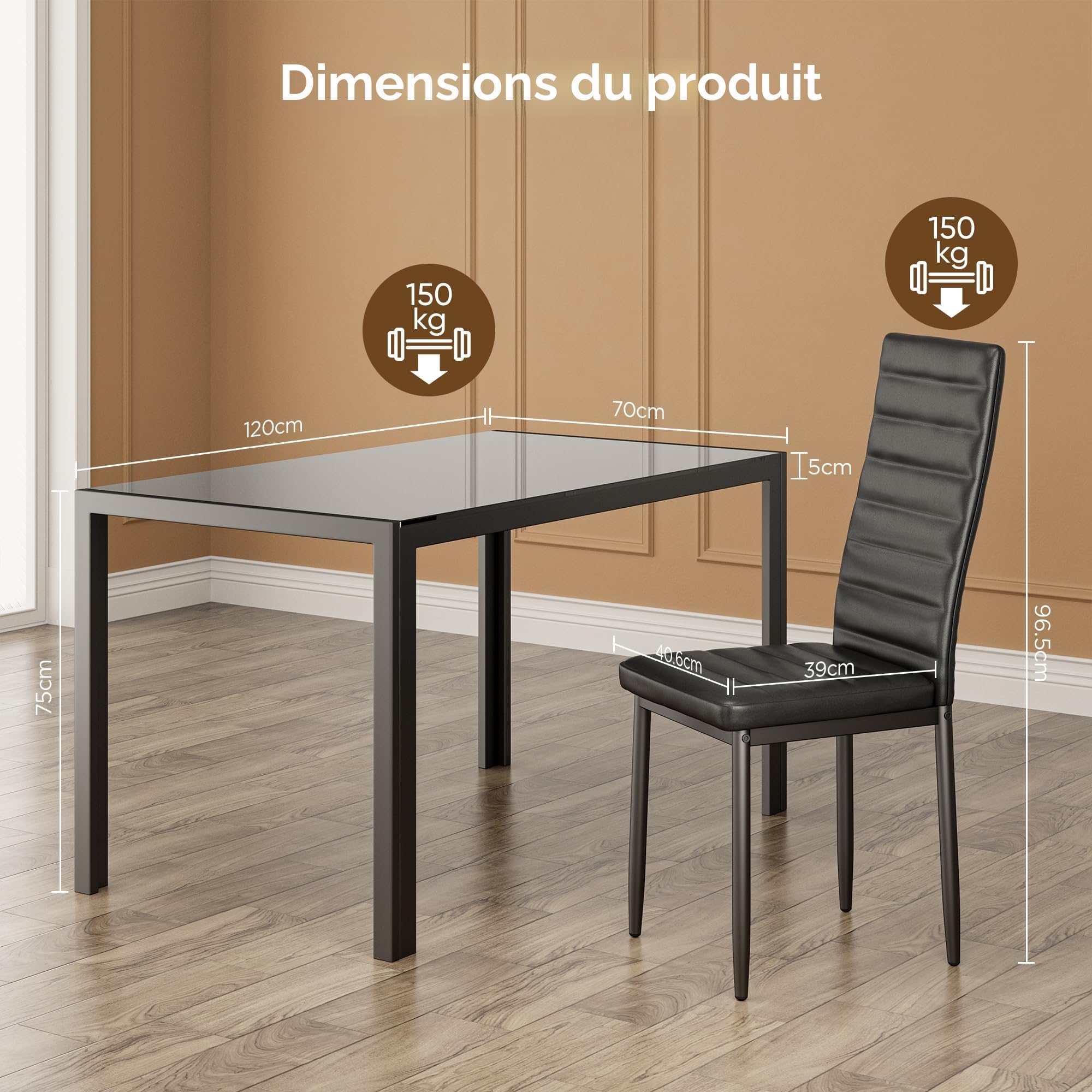 Bealife Table à Manger avec 4 Chaises, Table Rectangulaire en Verre Trempé et Chaises en Similicuir Noir