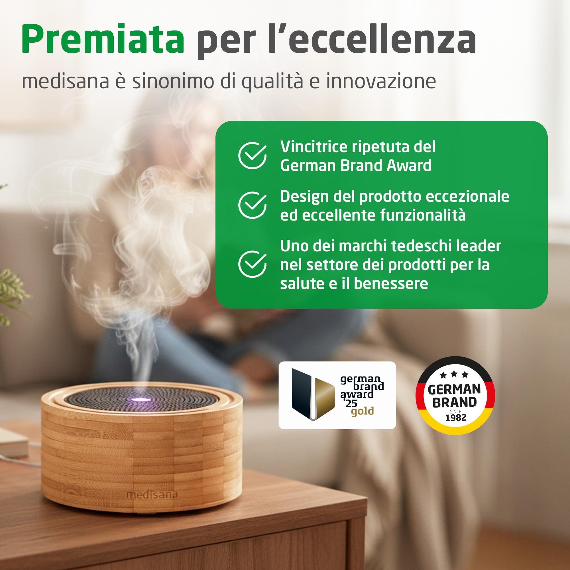 medisana | AD 625 | Diffusore d'aromi | Bambù | Fresco per ambienti | Deodorante aria | Lampada profumata con timer | Fragranza ambiente elettrico | Oli essenziali | Luce wellness in 6 colori | 100 ml