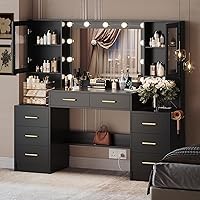 UGTOO 58.3" Makeup Vanity with Lights, Mirror & Charging Station, White Dressing Table with 8 Drawers, 2 Cabinets - No Stool