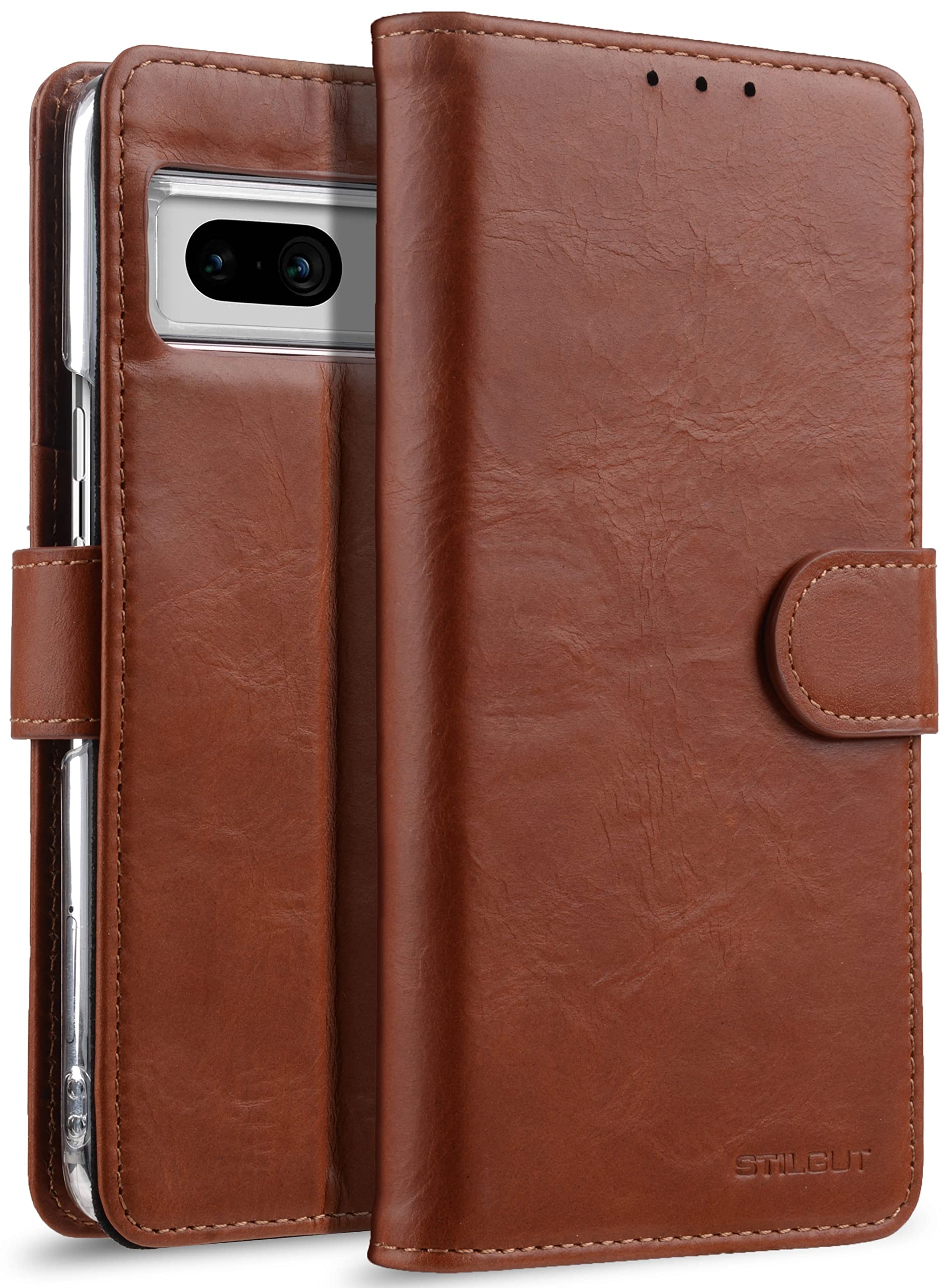 Coque Google Pixel 7 STILGUT en cuir véritable cognac avec support pour protéger votre smartphone - 7