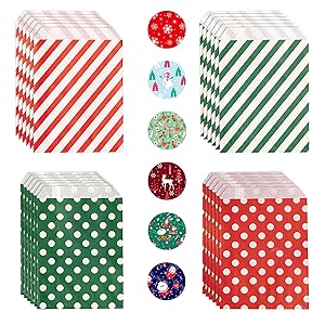 24 Pieces Christmas Treat Bags Holiday Bags With Prints Christmas Goodies Snack Gift Bags Red Green Candy Cookie Buffet Paper Bags for Christmas Holiday 4 Styles Small Paper Treat Bag