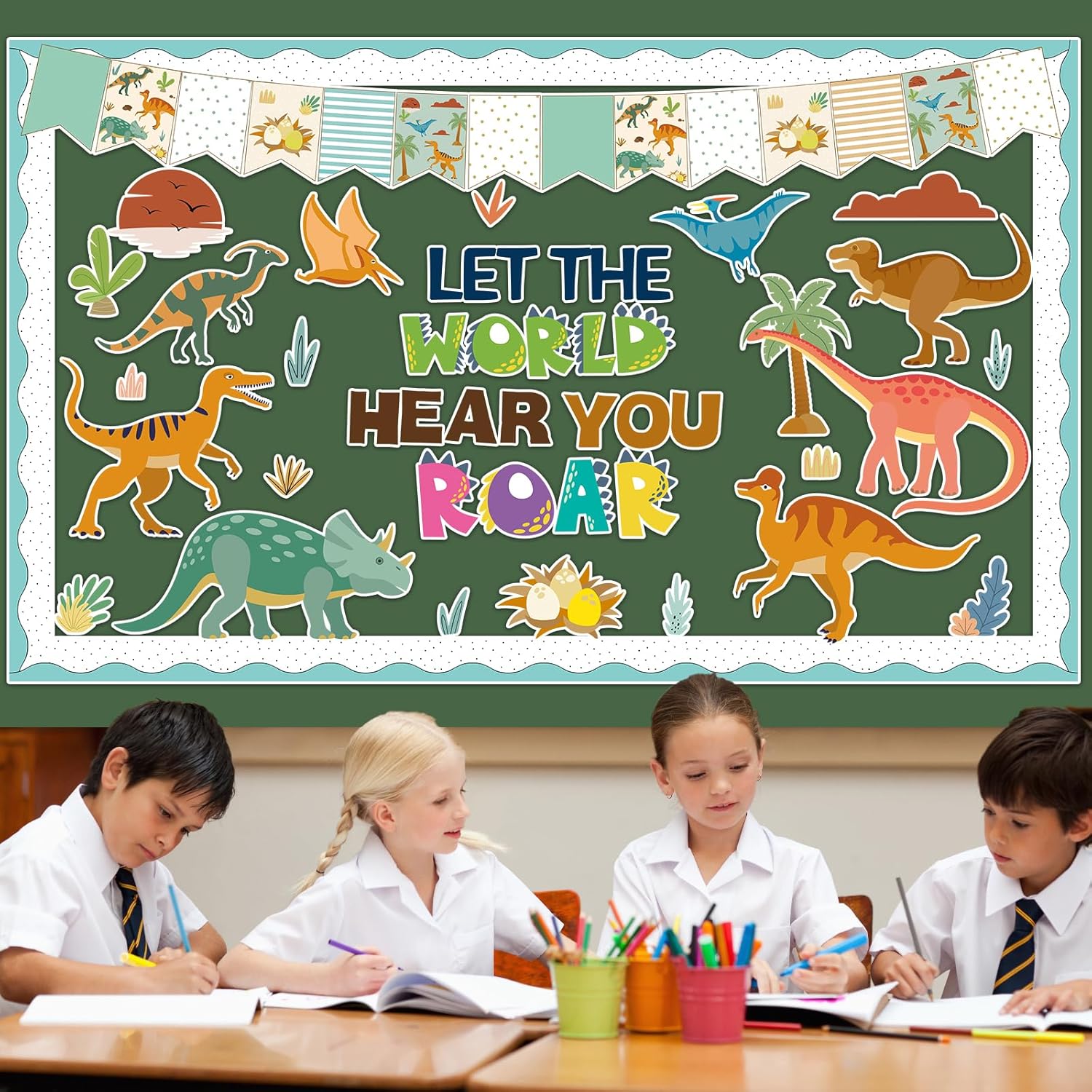 60pcs Dinosaur Bulletin Board Classroom Decorations Summer Animal Let The World Hear You Roar Cutouts Back to School Decoration Jungle Cutout Border for School Door Wall