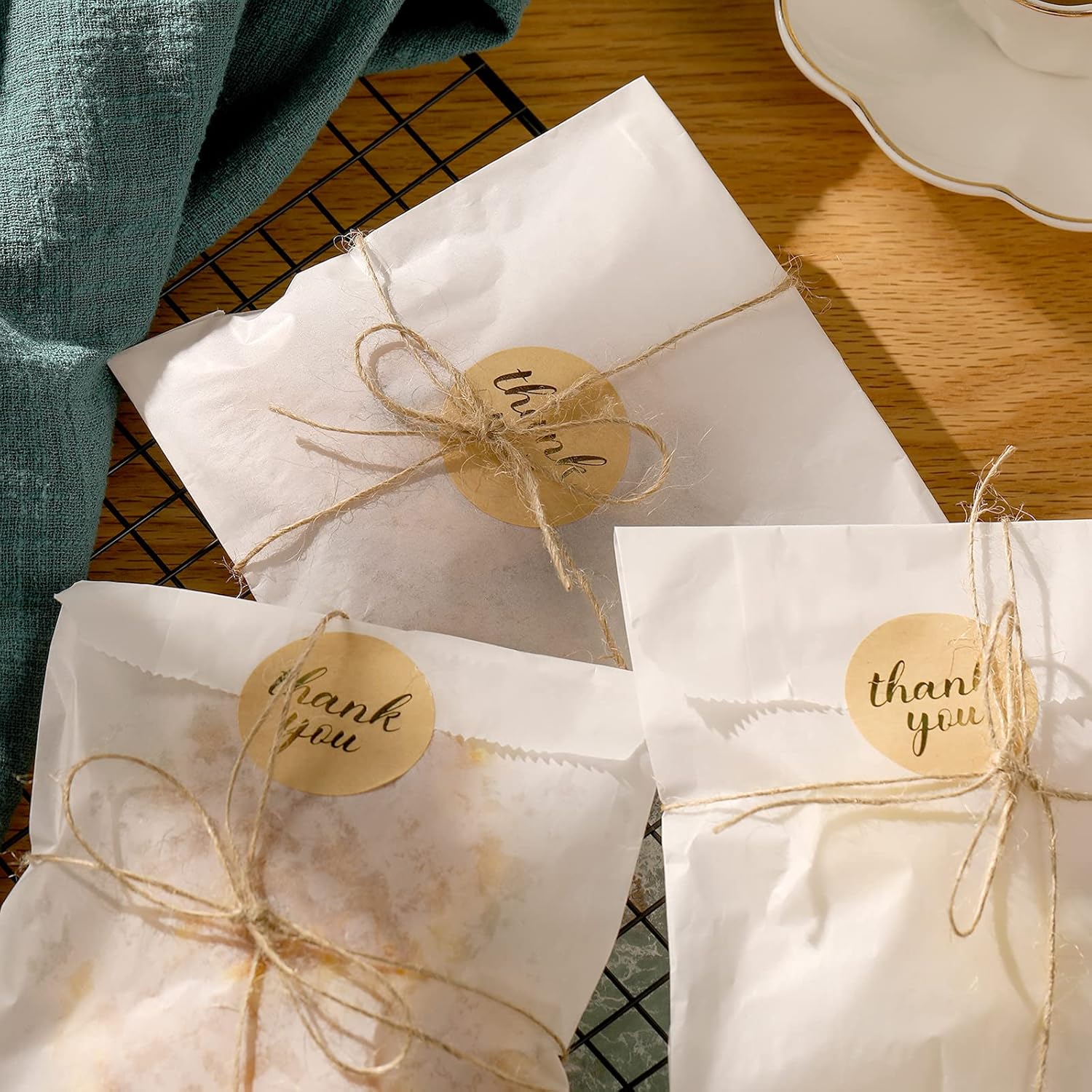 グラシンワックスペーパーバッグ クッキーバッグ グルメバッグ 100枚 サンキューラベルステッカー100枚 263フィート ジュート