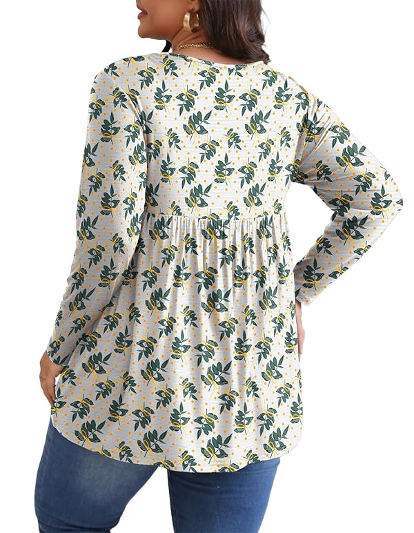 POSESHE Womens Plus Size Yellow Green Leaf Long Sleeves Tops 2026 Trendy Tunic Tops Wrap Shirts Dressy Work Blouses,2XL by POSESHE - Used condition - Image 3