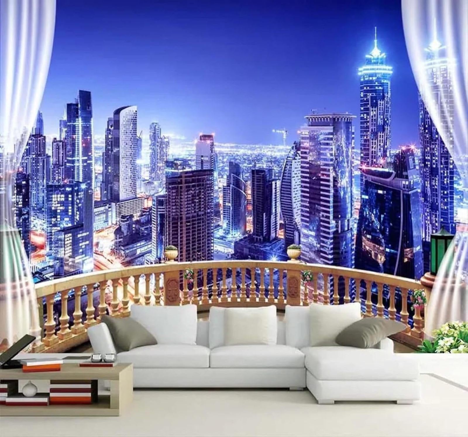 Xlming 300Cm×210Cm(B×H) Large Windows Beautiful City Architecture Night View 3D Wallpaper Luxury Home Dining Decor Paste Sofa Living Room The Wall For Bedroom Mural-300Cm×210Cm