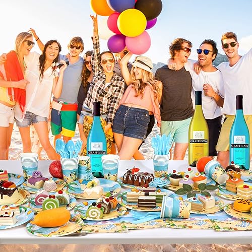Miniatura 5 de Atonofun Suministros para fiestas de playa, juego de platos y servilletas de playa, platos de playa desechables, vasos, servilletas y cubiertos para