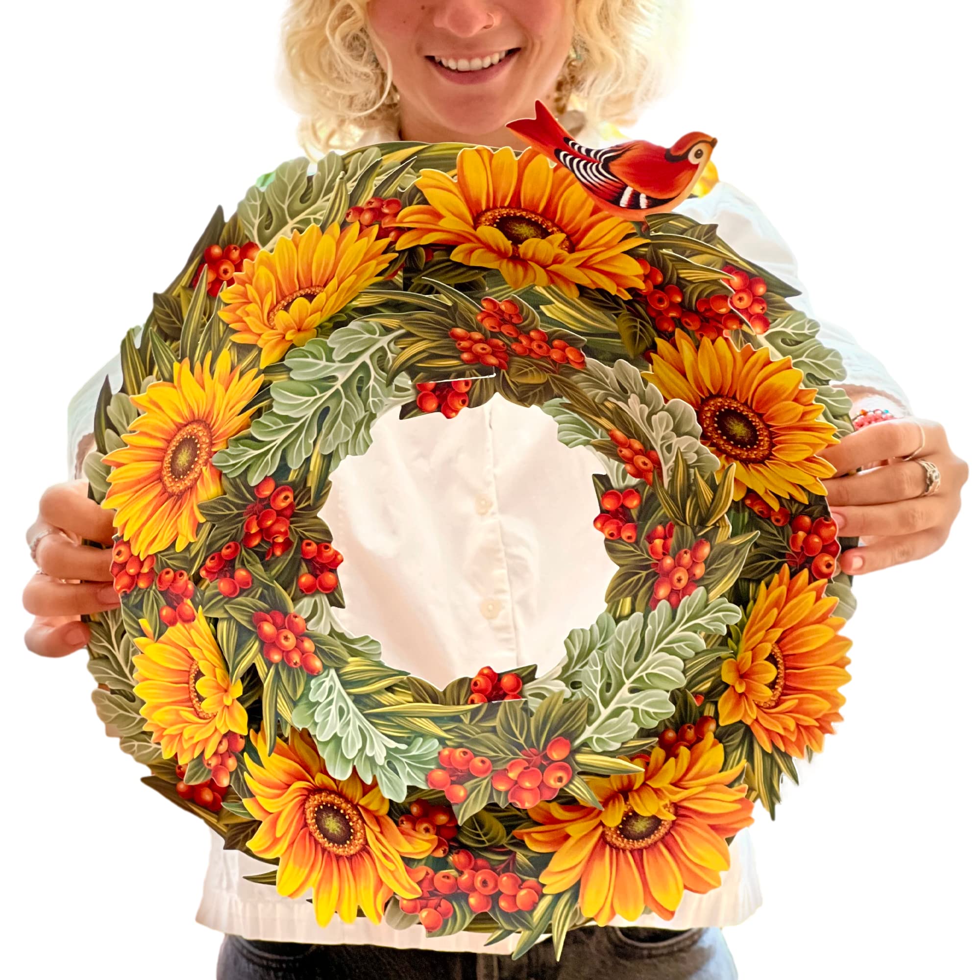 Freshcut Paper Pop Up Cards, Sunflower Paper Wreath, 15 Inch Life Sized Forever Flower Wreath 3D Popup Greeting Cards, Birthday Card, Get Well Gifts, Blank Notecard & Envelope