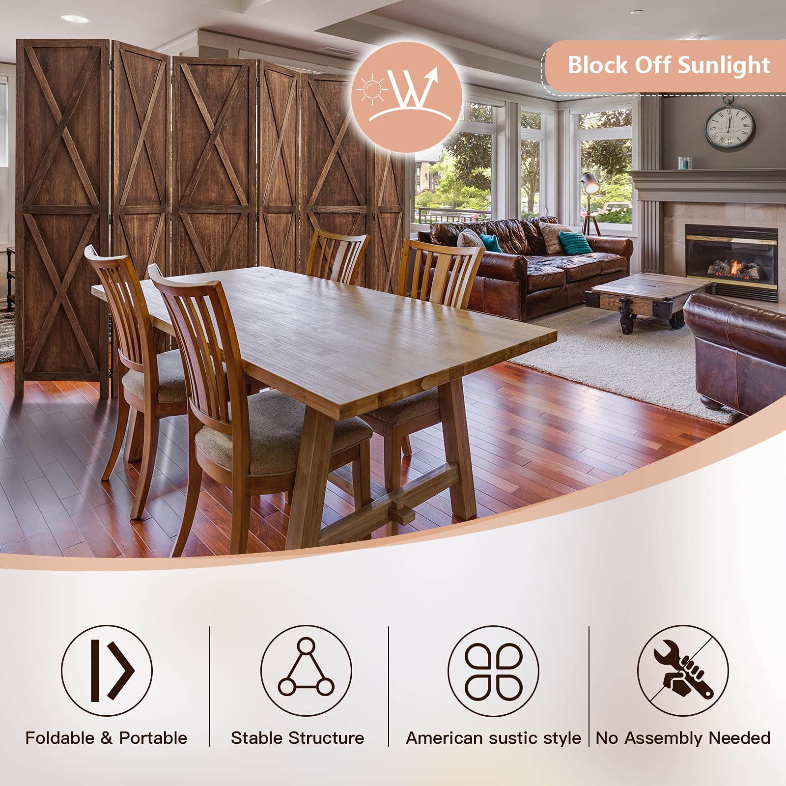 Vicluke 6 Panels Wood Room Divider with 360 Degree Hinges, 5.6 FT Tall