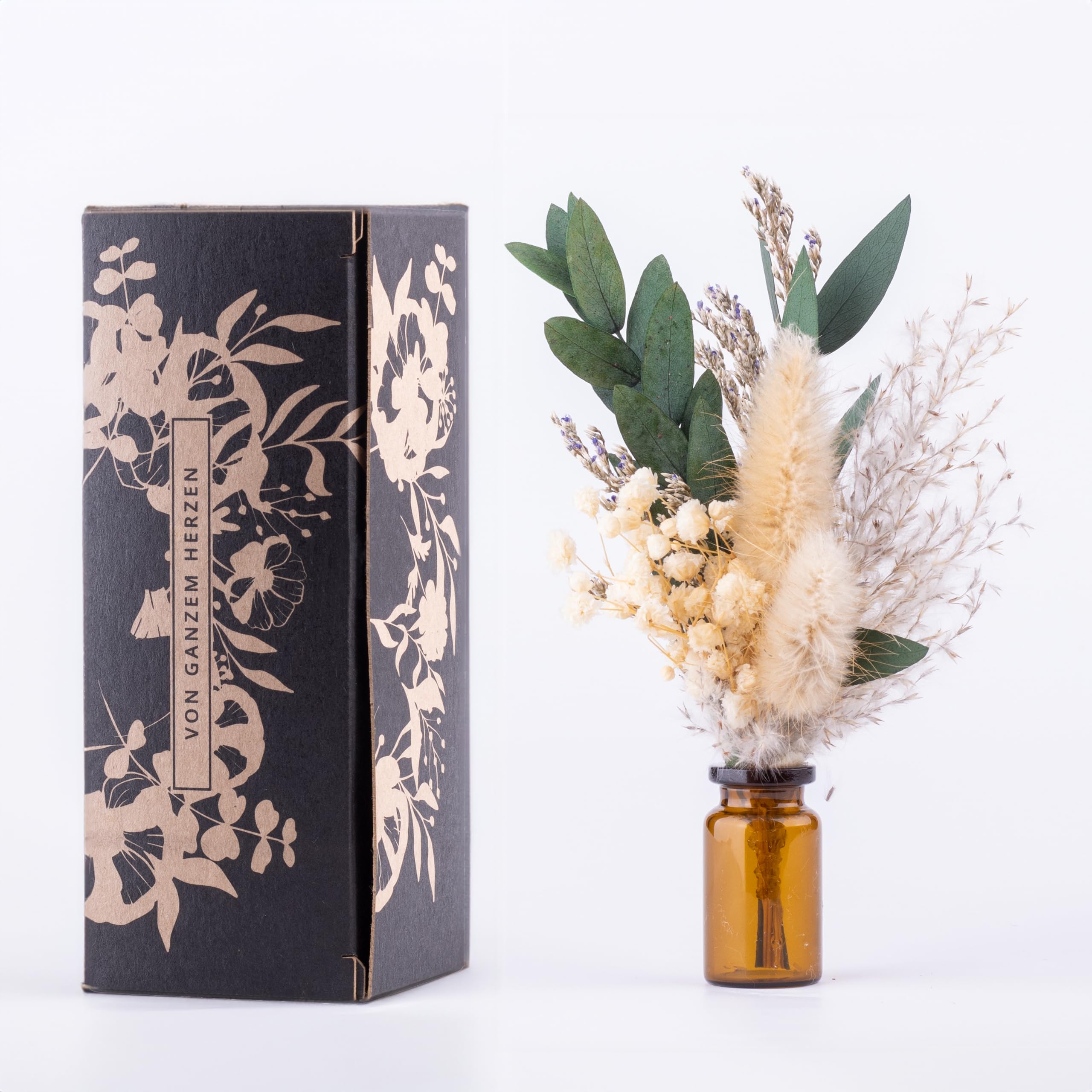 Kunstharz.Art Pequeño Regalo de Flores con jarrón y Envoltorio de Regalo – Ramo de Flores secas en Mini como pequeño Regalo de Agradecimiento (B4 Beige-Verde)