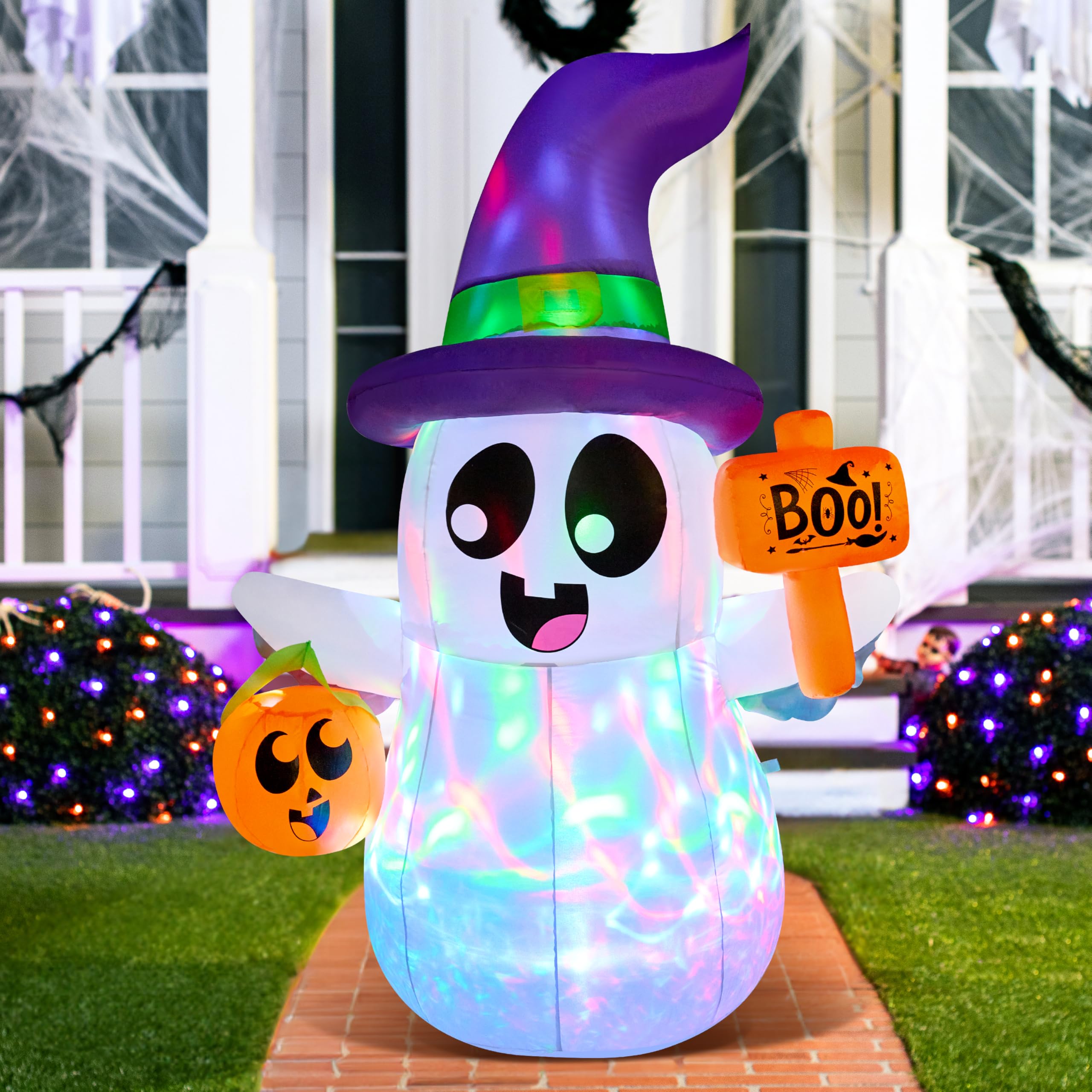 Joiedomi 5FT Tall Halloween Inflatable Ghost Outdoor Decorations, Cute Pink Ghost Blow Up Yard Decorations with Bowknot and LED Light for Halloween Decor, Garden Lawn Indoor Outdoor Party Decor: Cute Ghost