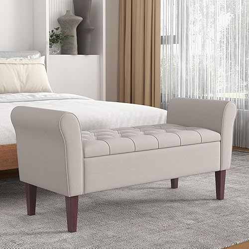 Miniatura 18 de HUIMO Banco de almacenamiento de 48 pulgadas, otomana de almacenamiento con brazos con patas de madera maciza de 7.5 pulgadas, banco de pie de cama