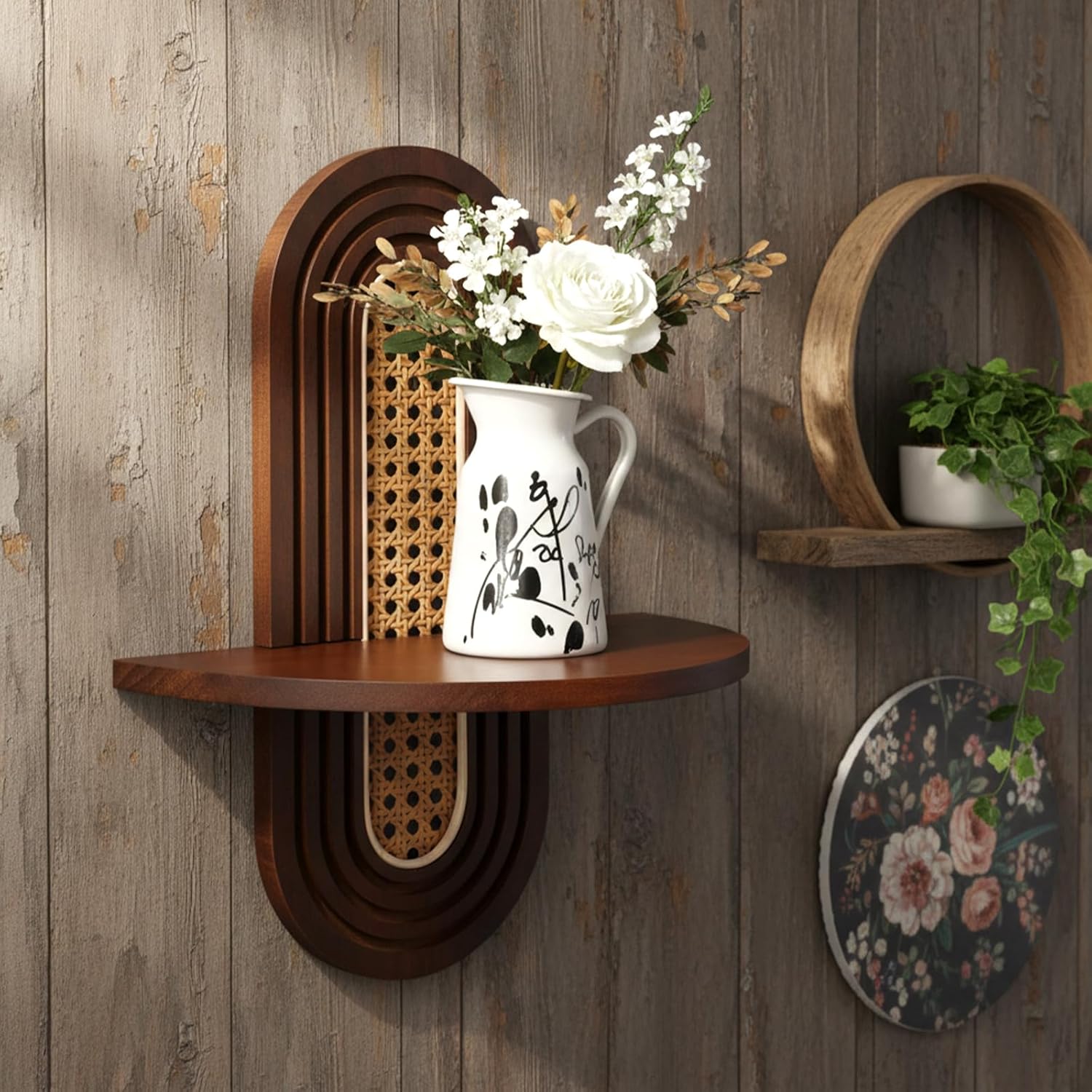 MAQUITA 2 Pcs Floating Shelves for Wall, Boho Rattan Shelf, Unique Small Decorative Shelf Wall-Mounted, Nature Wood Shelves for Living Room,Bedroom