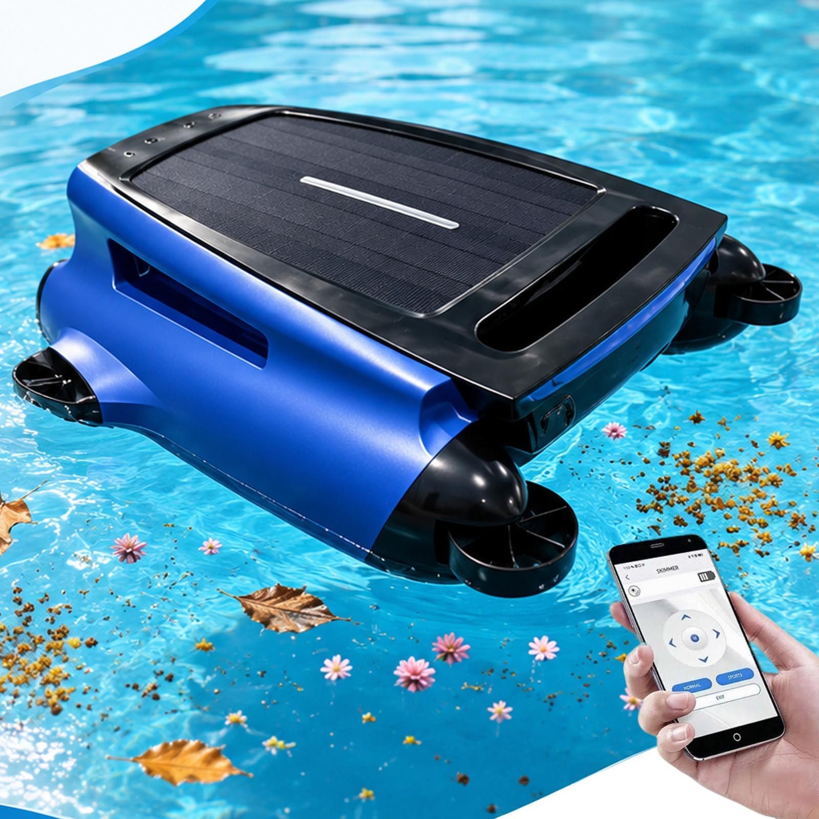 lealovengzh Solar Pool Skimmer Robot | Automatic Pool Skimmer Cleaner | Dual Mode Solar Powered Pool Skimmer w/Obstacle Avoidance/3.8l Basket,Day & Night Cleaning for 200㎡ All Swimming Pools Blue