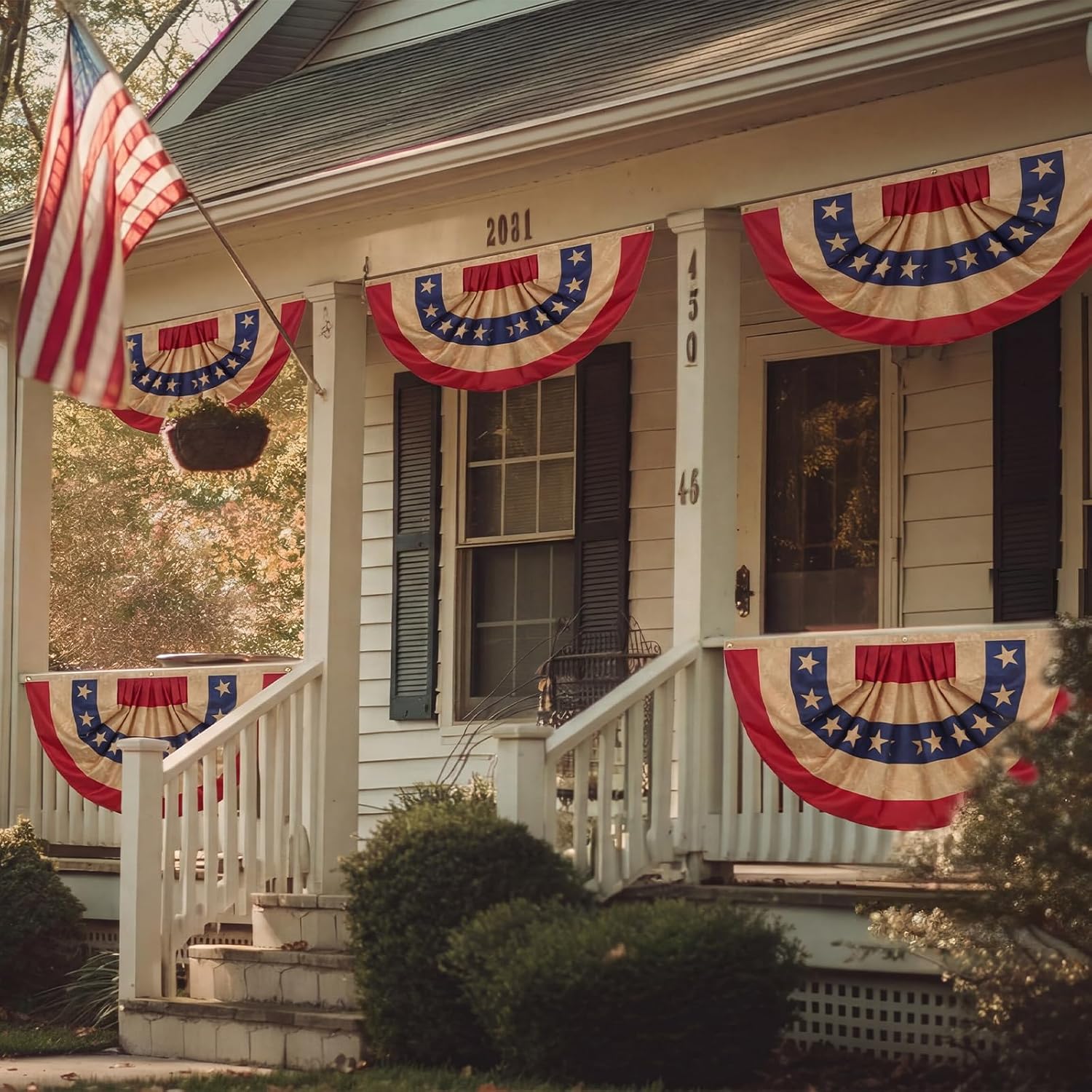 Fanfanwin 6 Pcs Tea Stained Patriotic Bunting Flags 2x4 ft 250th Anniversary Patriotic Decorations Hanging American Half Fan Flag Banner for Outside Independence Day Memorial Day with Brass Grommets