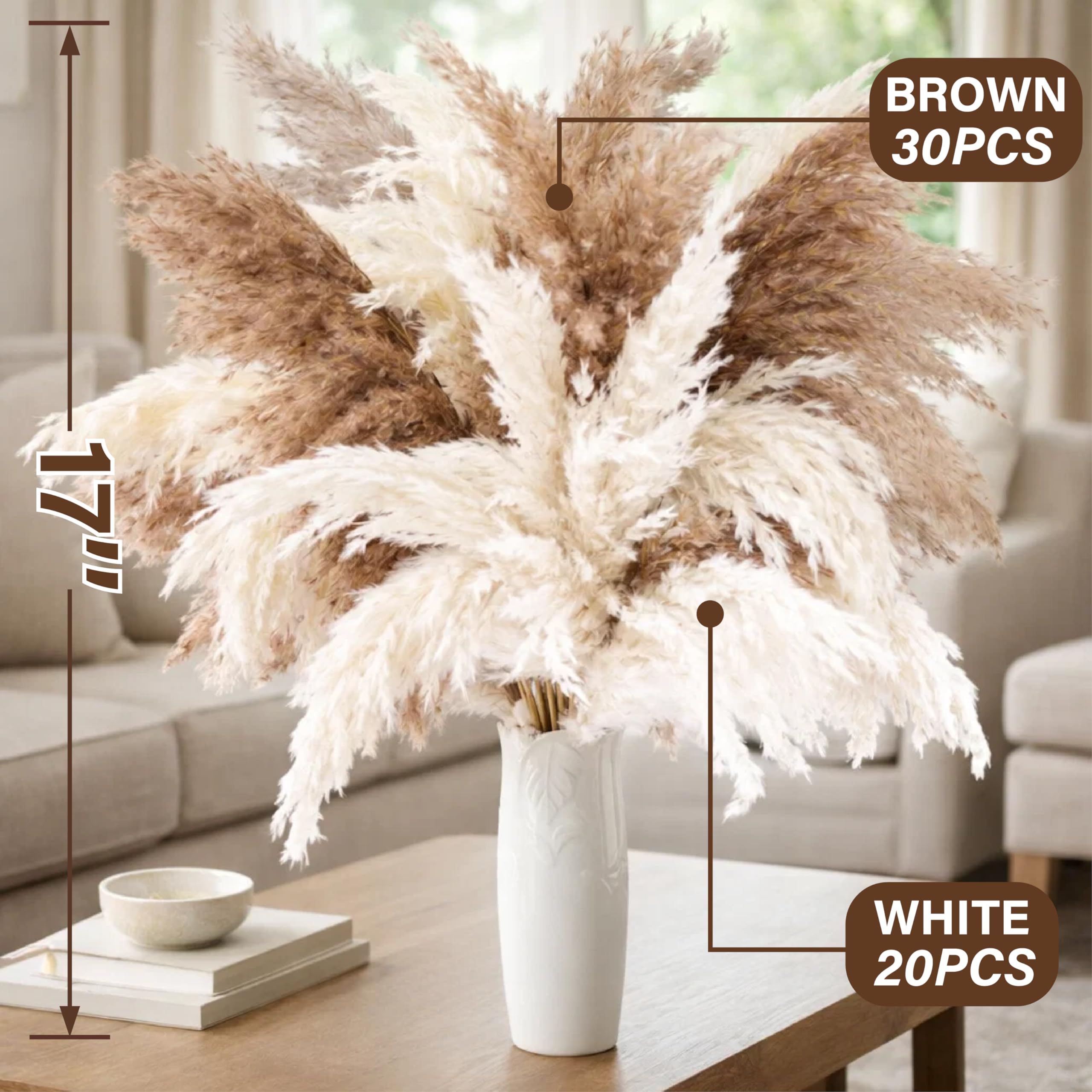 Pampasgras für Bodenvase, 43,2 cm, natürlich, flauschig, getrocknet, Pampasgras, groß, 20 weiße und 30 braune Pampasgras, Boho-Pampas für Hochzeit, Heimdekoration, Halloween, Weihnachten, 50 Stück