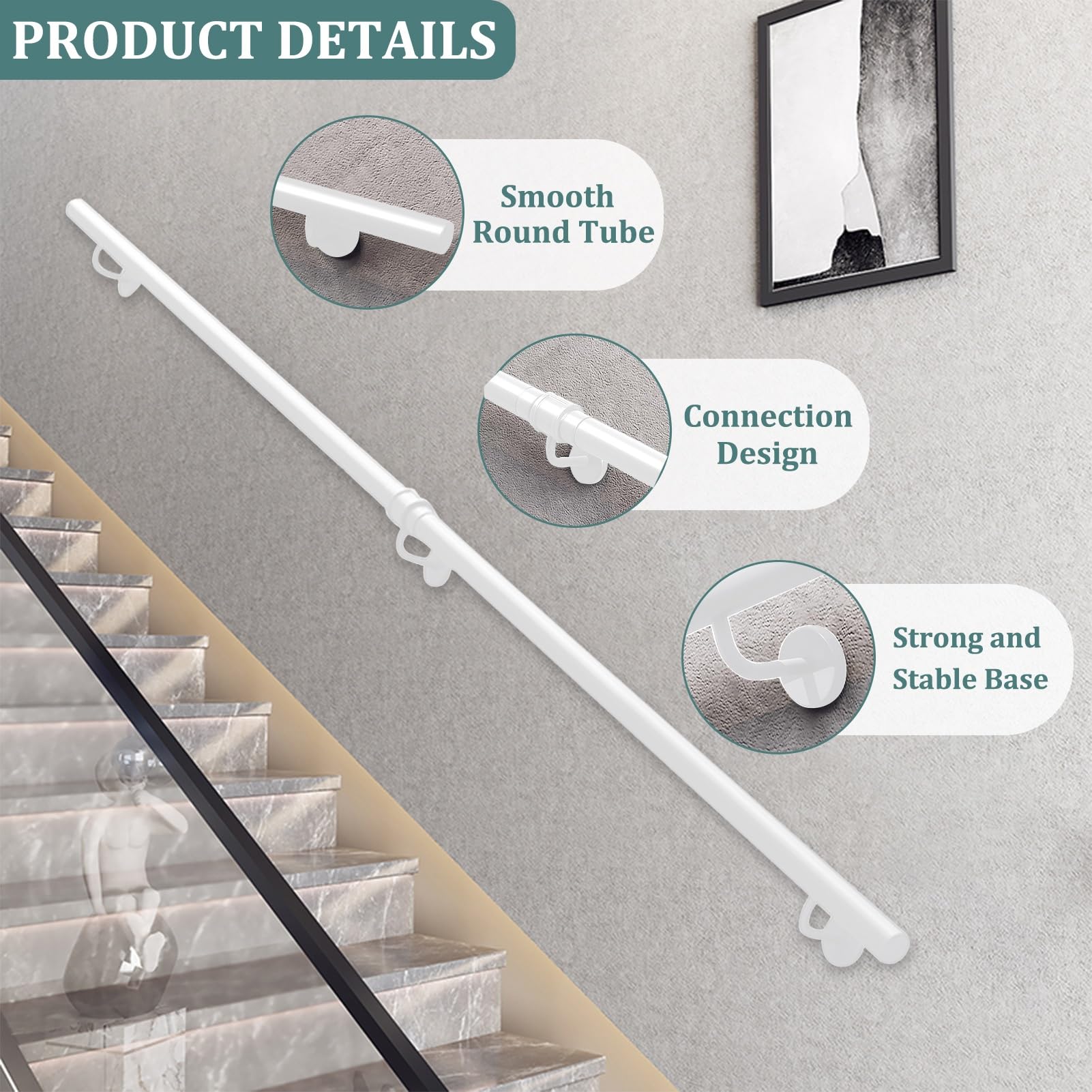Pasamanos de escalera para interior y exterior, barandilla de escalera de tubo redondo de hierro galvanizado blanco con accesorios, barandilla de pared antideslizante(150cm)