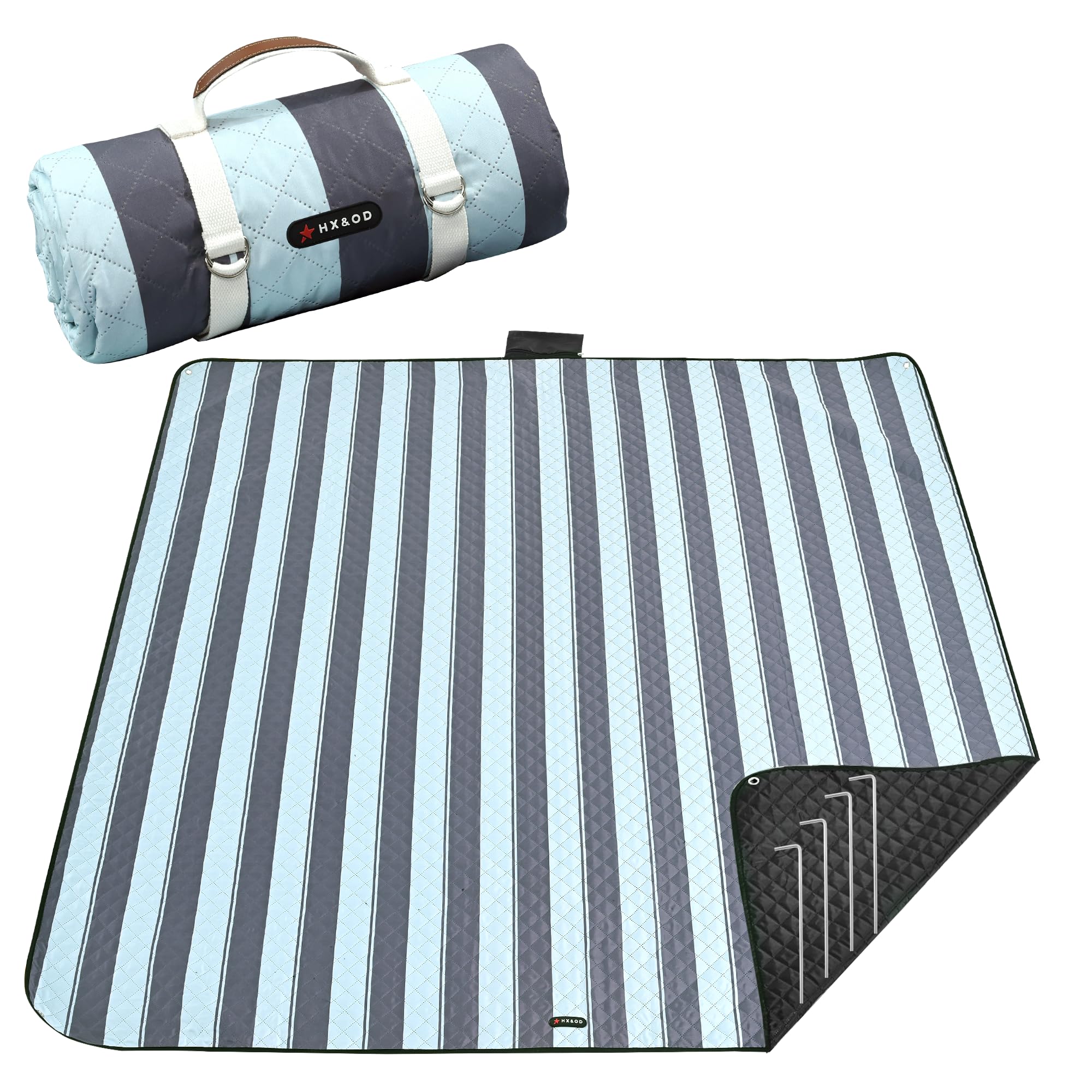 HX&OD Outdoor Picnic Blanket Extra Large, 80''*80'' Waterproof Picnic Mat with Stakes Foldable Camping Blanket Portable with Carry Strap for Beach Mat