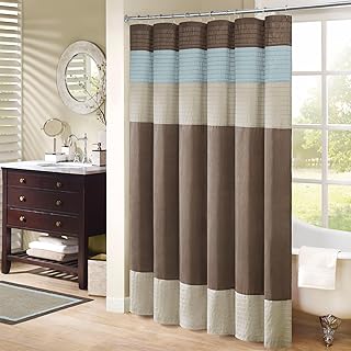 Madison Park Amherst Bathroom Shower Curtain Faux Silk Pieced Striped Mo...