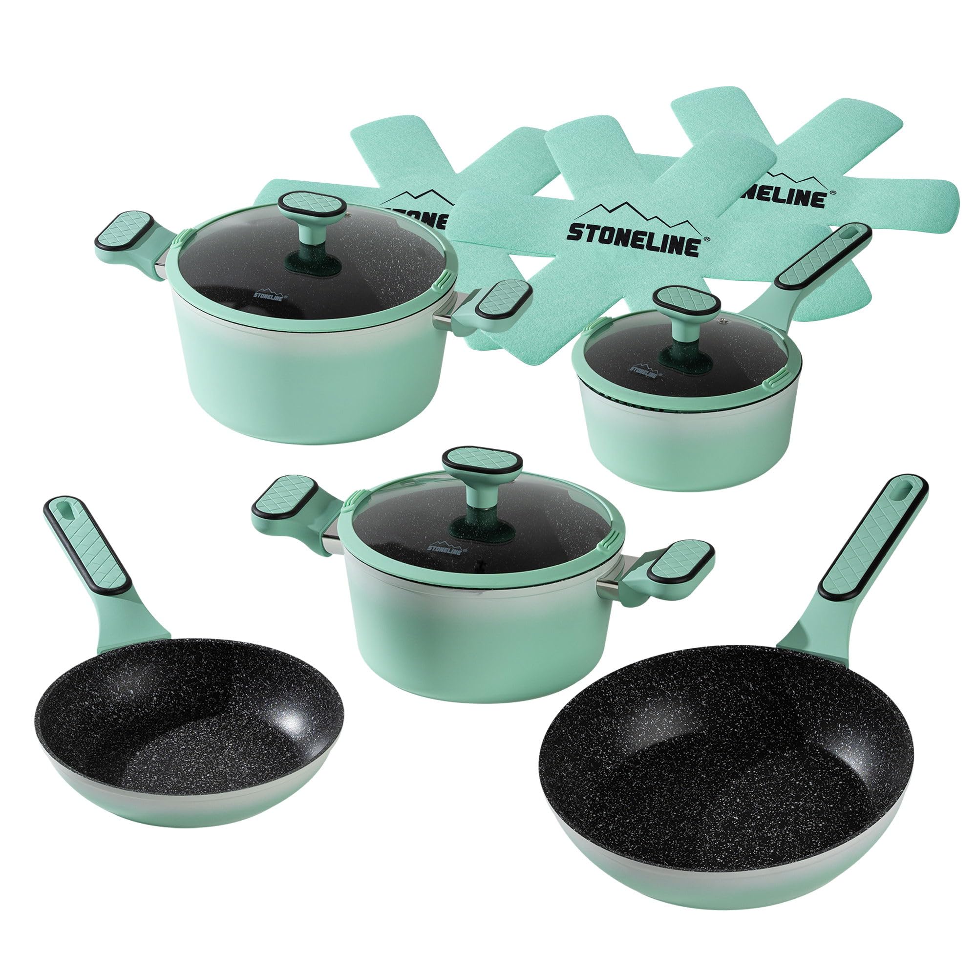 STONELINE Kochgeschirr Set 11-teilig 18/20/24 cm Set Pfannen und Töpfe mit Deckel, Topfset Pfanne Induktion Antihaft Beschichtet mit echten Steinpartikeln, Alle Herdarten, Farbe: Mint