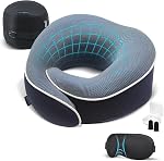 Proglobe Orthopedic Neck Pillow, Travel Neck Pillows for Airplanes, Memory Foam Kit, Updated Material, Airplane Travel Set with 3D Contoured Eye Masks, Earplugs, and Luxury Mesh Bag (Dark Grey)