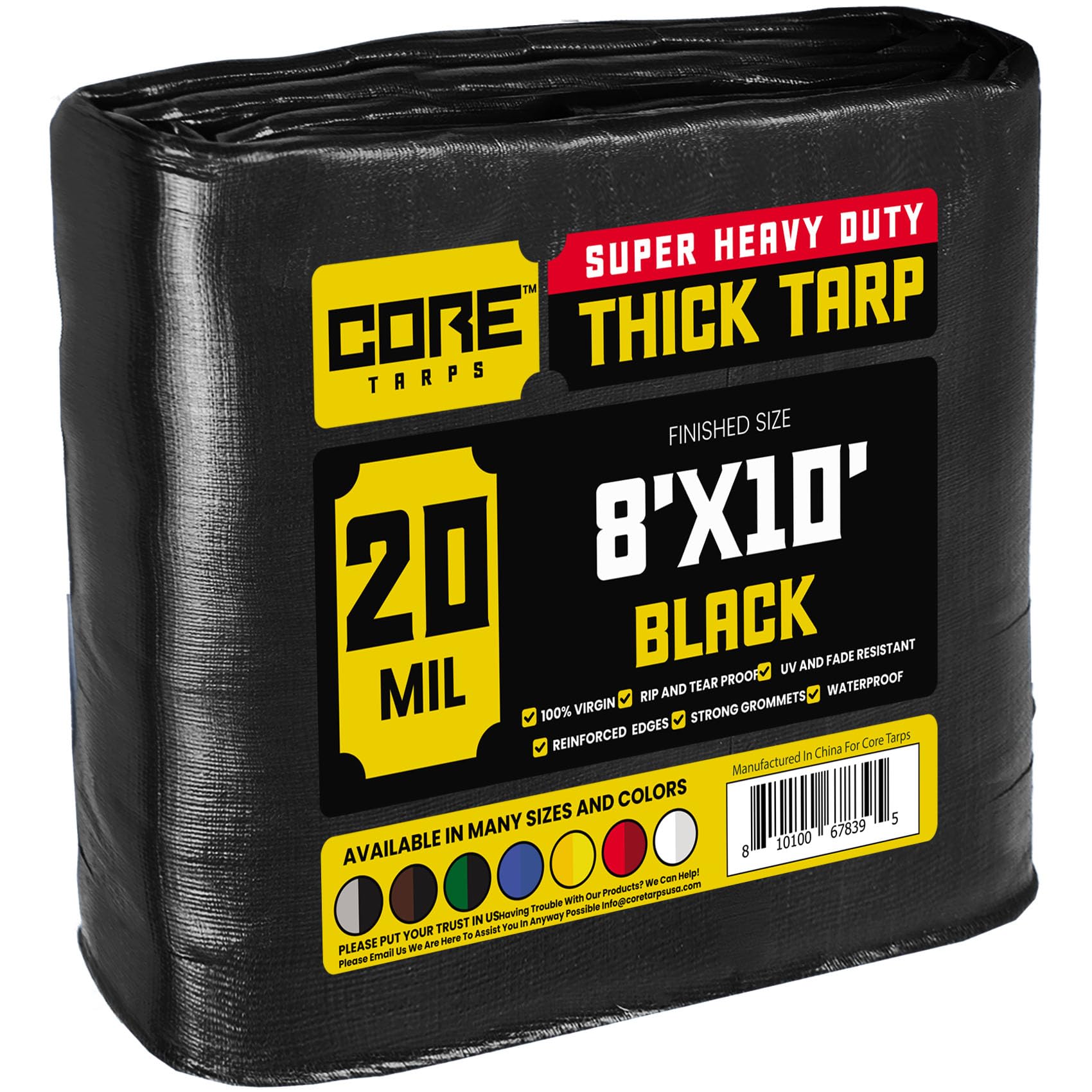 Core Tarps Extreme Heavy Duty 20 Mil Tarp Cover, Waterproof, UV Resistant, Rip and Tear Proof, Poly Tarpaulin with Reinforced Edges for Roof, Patio, Pool, Boat (Black 8′ X 10′)