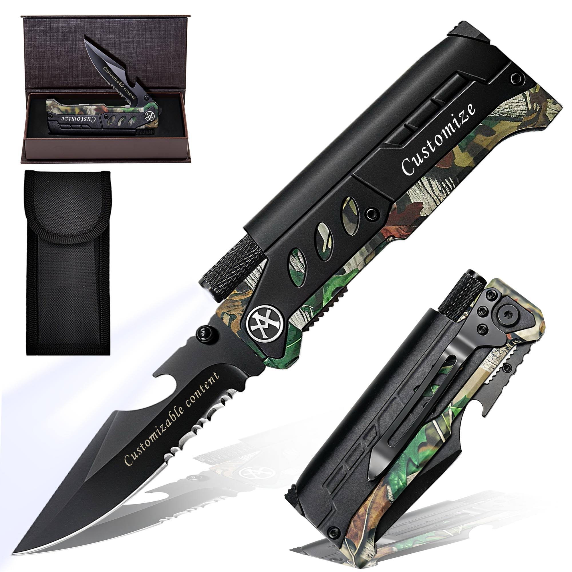 ALBATROSS Personalized EDC Folding Knife with Custom Engraving for All US Holidays – Multi-Tool Includes Fire Starter, LED Light &amp; Bottle Opener – Meaningful Gift for Father’s Day, Mother’s Day, Christmas, Birthday, Valentine’s Day, Graduation, Independence Day, Flag Day, Memorial Day, Veterans Day – for Dad, Mom, Him, Her, Men, Women