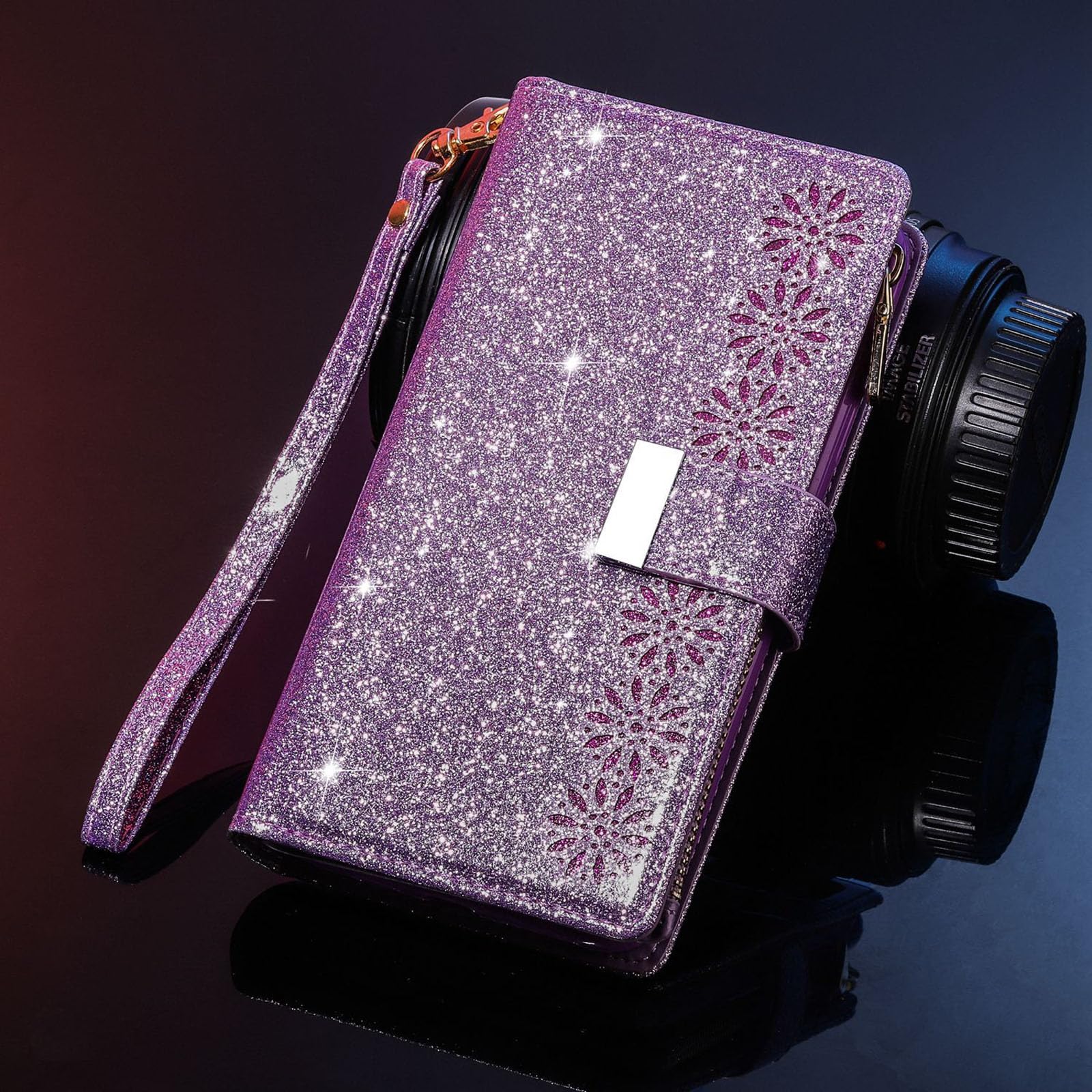 Etui do Samsung Galaxy S24 S24 Plus S24 Ultra Kobiety Brokat Bling PU Skórzane etui z klapką z 9 miejscami na karty Opaska na nadgarstek Podpórka Etui magnetyczne, do S24 Ultra, fioletowe