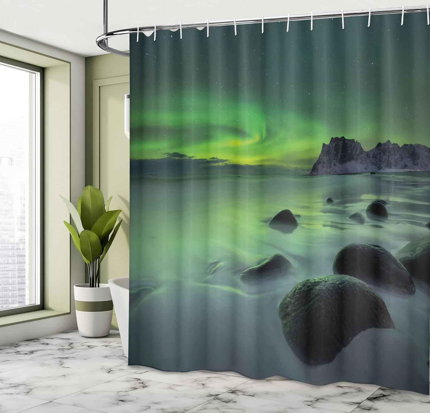 Ambesonne Aurora Borealis Shower Curtain, Magic Nature Panorama Coastline Oval Energy Sky Mist Picture, Cloth Fabric Bathroom Decor Set with Hooks, 69" W x 75" L, Lime Green Almond Green